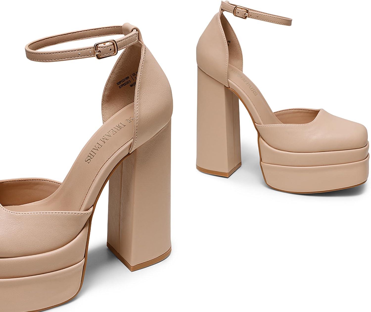 imageDREAM PAIRS Womens High Chunky Platform Closed Toe Block Heels Square Toe Ankle Strap Dress Wedding Party Pumps Shoes AureliaNude
