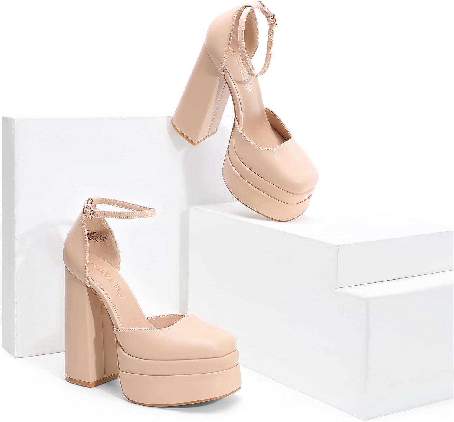 imageDREAM PAIRS Womens High Chunky Platform Closed Toe Block Heels Square Toe Ankle Strap Dress Wedding Party Pumps Shoes AureliaNude
