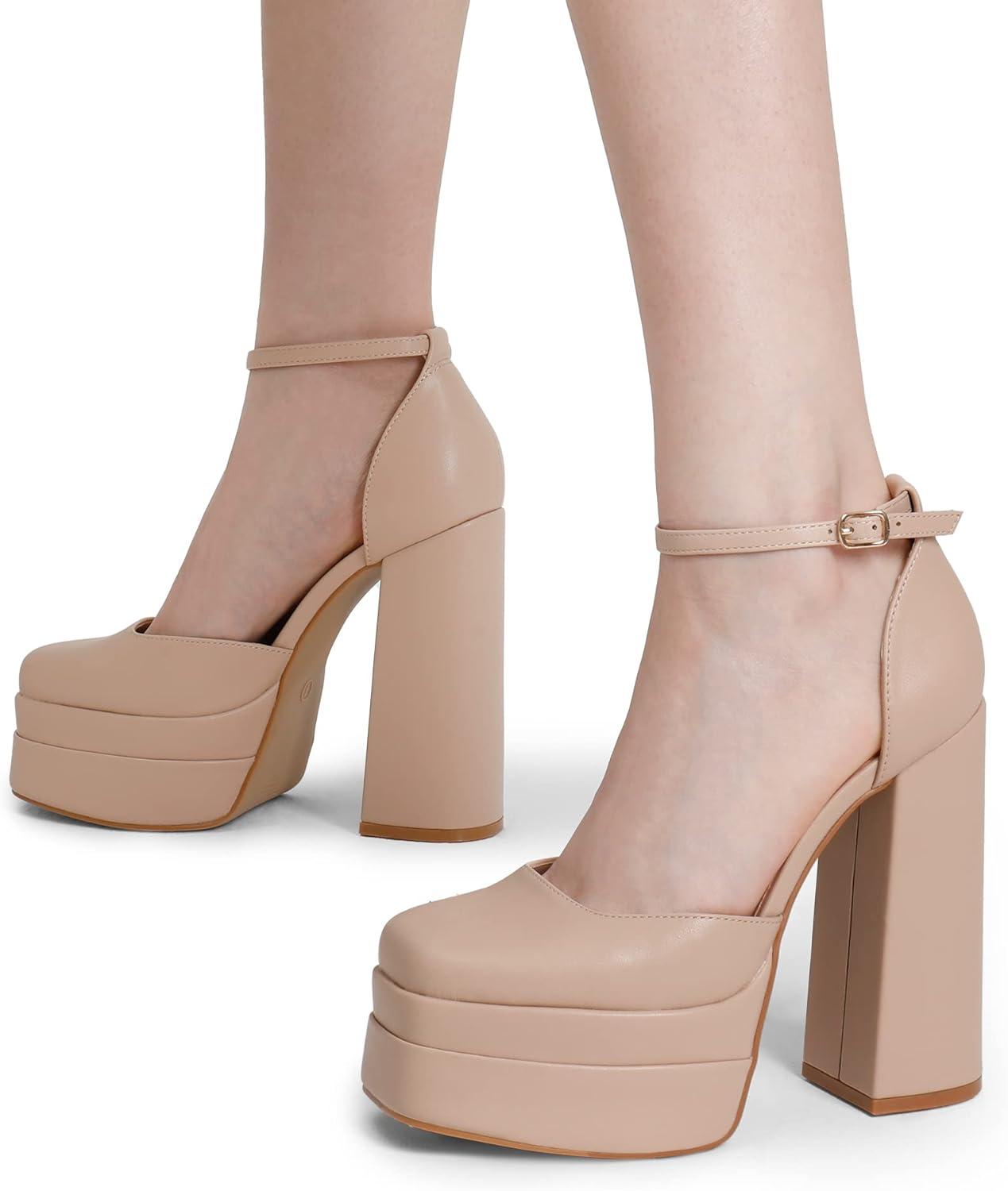 imageDREAM PAIRS Womens High Chunky Platform Closed Toe Block Heels Square Toe Ankle Strap Dress Wedding Party Pumps Shoes AureliaNude