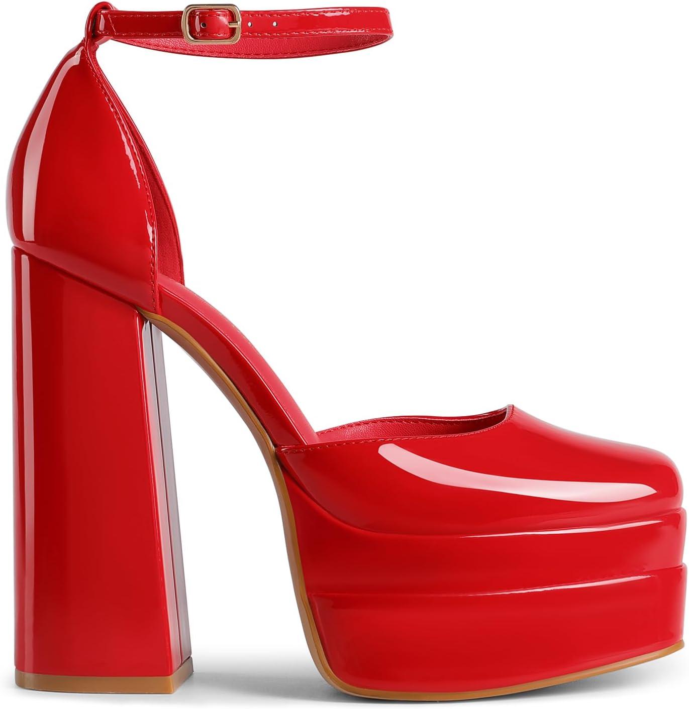 imageDREAM PAIRS Womens High Chunky Platform Closed Toe Block Heels Square Toe Ankle Strap Dress Wedding Party Pumps Shoes AureliaRedpat