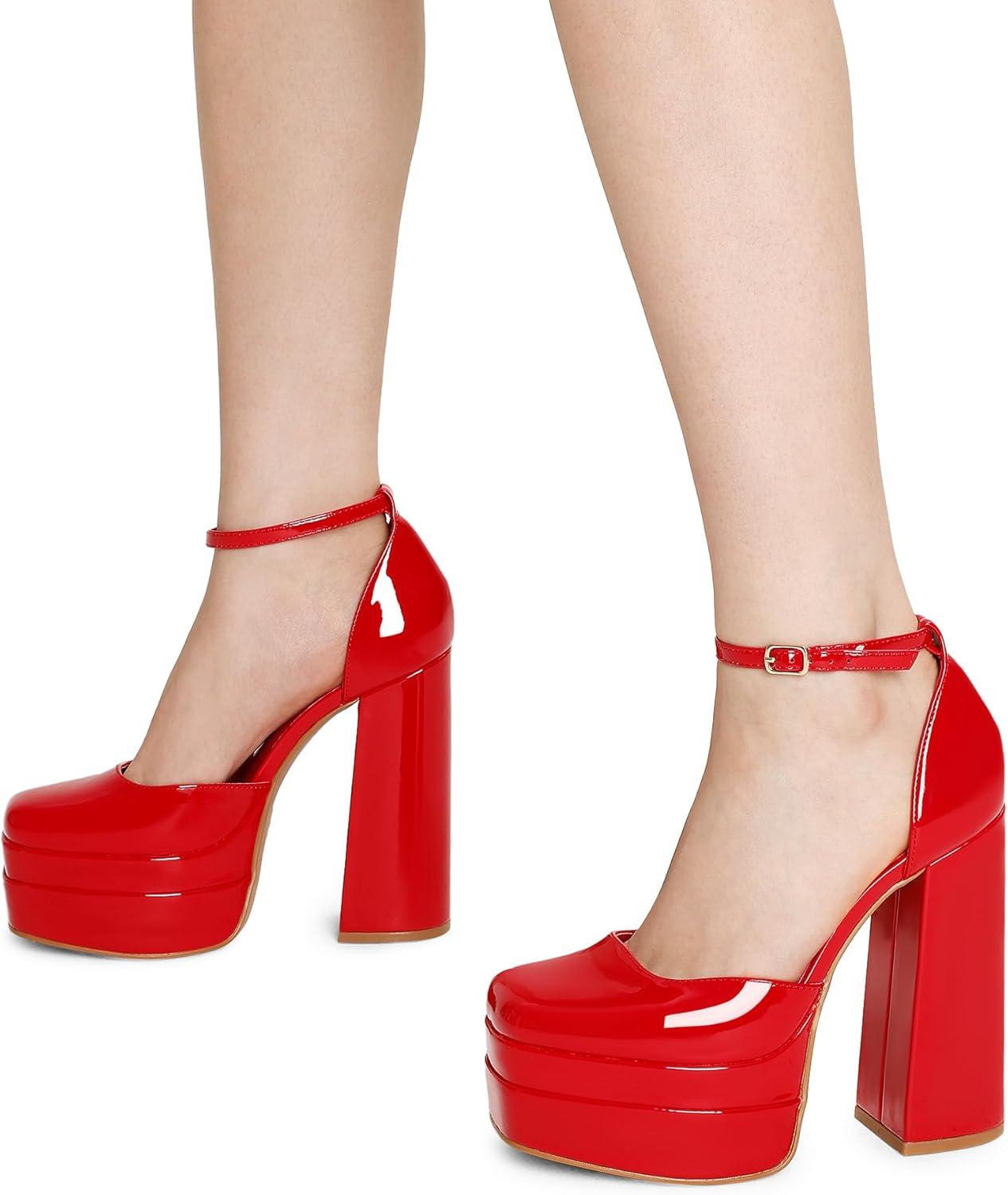 imageDREAM PAIRS Womens High Chunky Platform Closed Toe Block Heels Square Toe Ankle Strap Dress Wedding Party Pumps Shoes AureliaRedpat