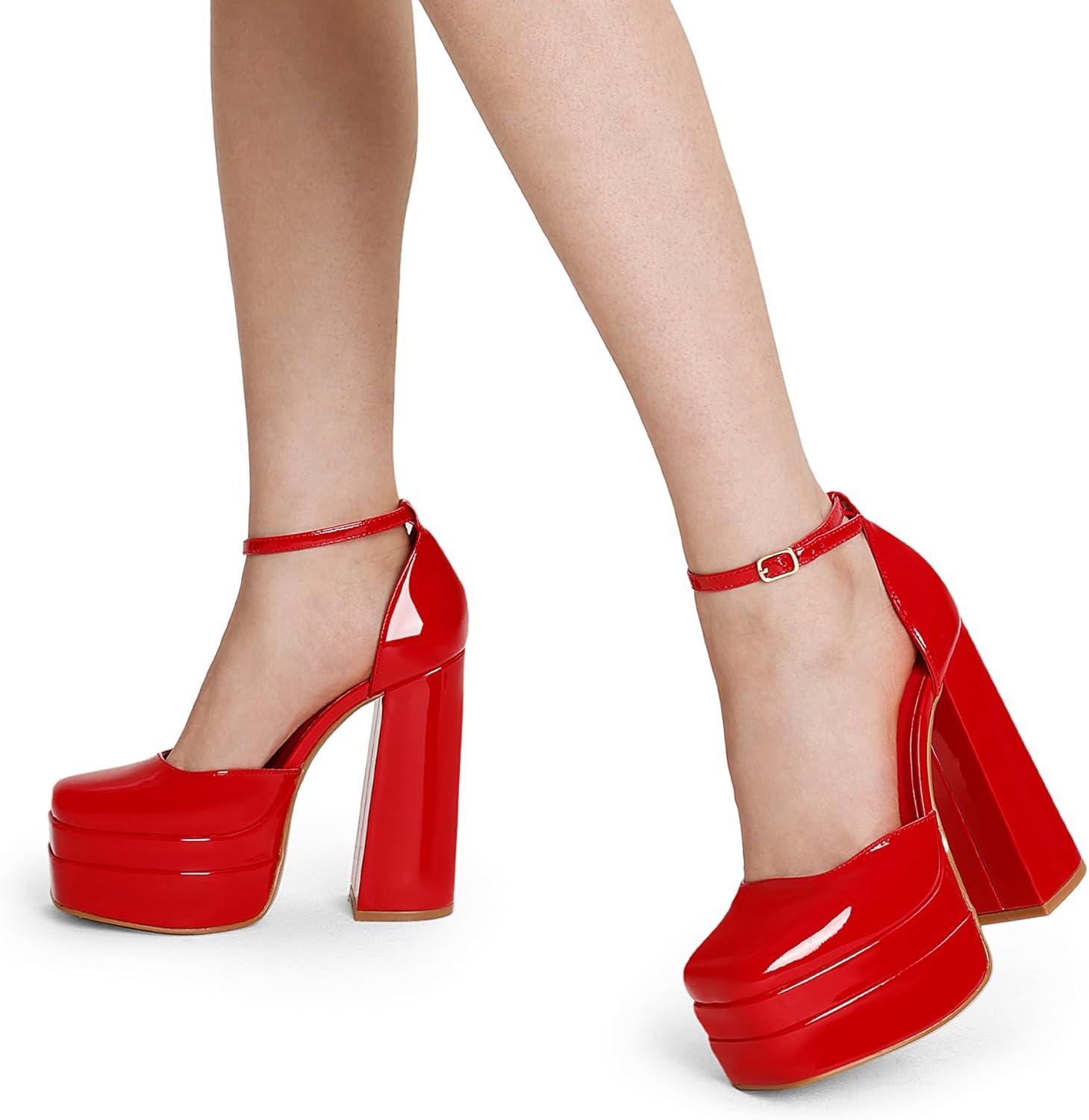 imageDREAM PAIRS Womens High Chunky Platform Closed Toe Block Heels Square Toe Ankle Strap Dress Wedding Party Pumps Shoes AureliaRedpat