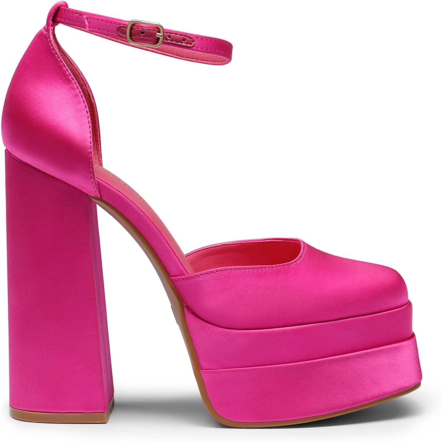 imageDREAM PAIRS Womens High Chunky Platform Closed Toe Block Heels Square Toe Ankle Strap Dress Wedding Party Pumps Shoes AureliaRose Redsatin