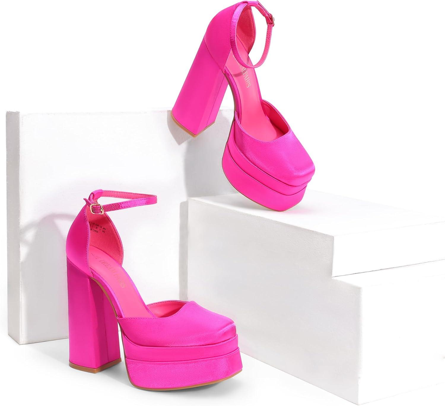 imageDREAM PAIRS Womens High Chunky Platform Closed Toe Block Heels Square Toe Ankle Strap Dress Wedding Party Pumps Shoes AureliaRose Redsatin