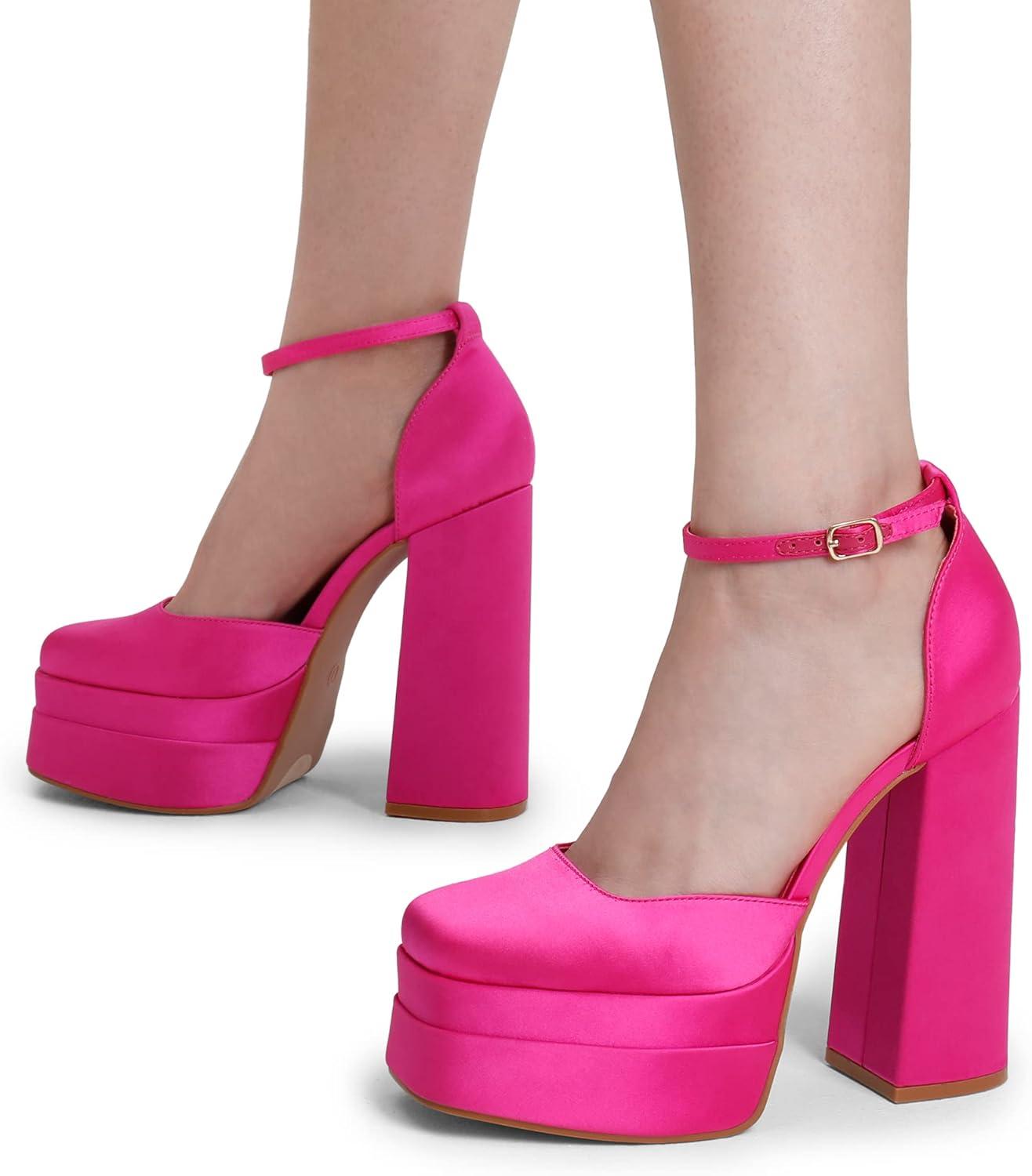 imageDREAM PAIRS Womens High Chunky Platform Closed Toe Block Heels Square Toe Ankle Strap Dress Wedding Party Pumps Shoes AureliaRose Redsatin