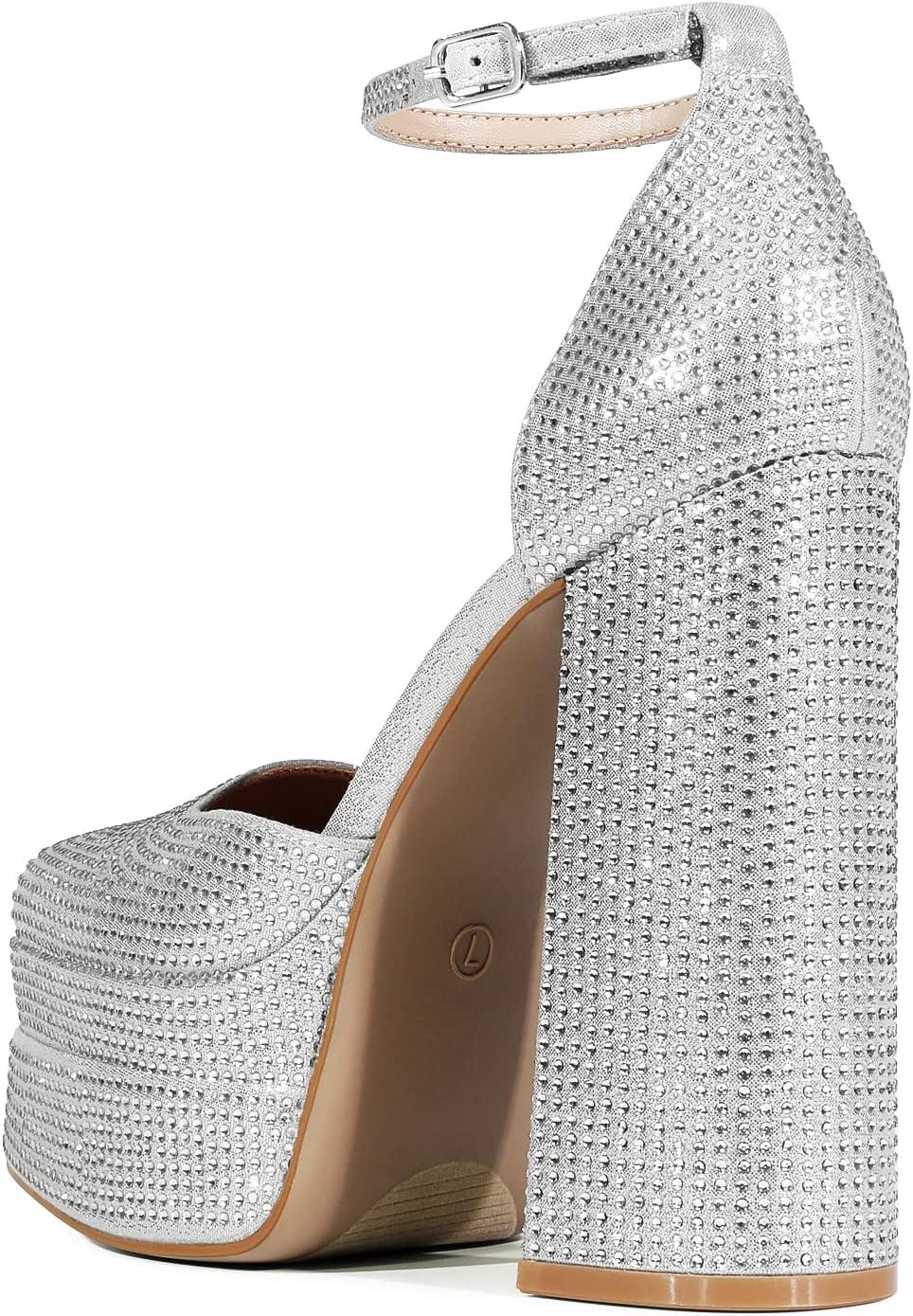 imageDREAM PAIRS Womens High Chunky Platform Closed Toe Block Heels Square Toe Ankle Strap Dress Wedding Party Pumps Shoes AureliaSilverrhinestone