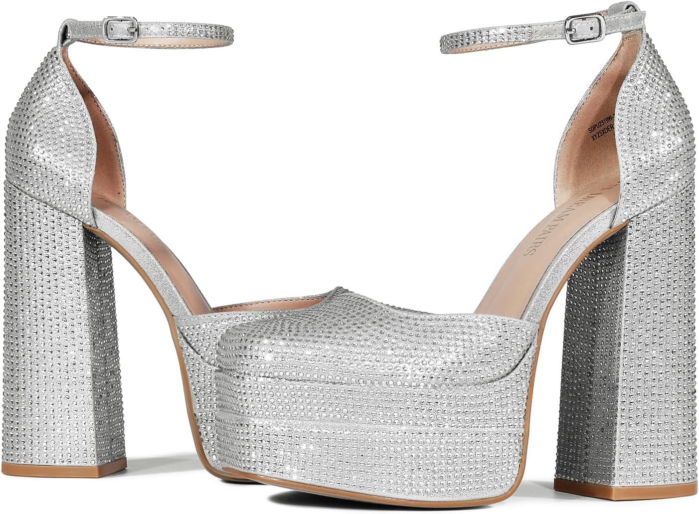 imageDREAM PAIRS Womens High Chunky Platform Closed Toe Block Heels Square Toe Ankle Strap Dress Wedding Party Pumps Shoes AureliaSilverrhinestone
