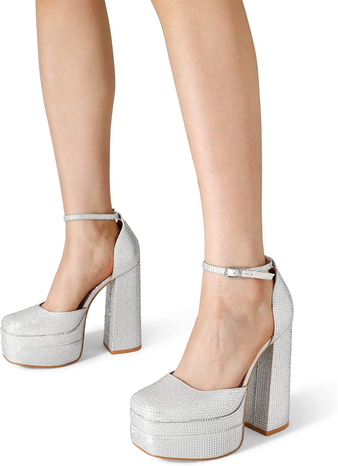 imageDREAM PAIRS Womens High Chunky Platform Closed Toe Block Heels Square Toe Ankle Strap Dress Wedding Party Pumps Shoes AureliaSilverrhinestone