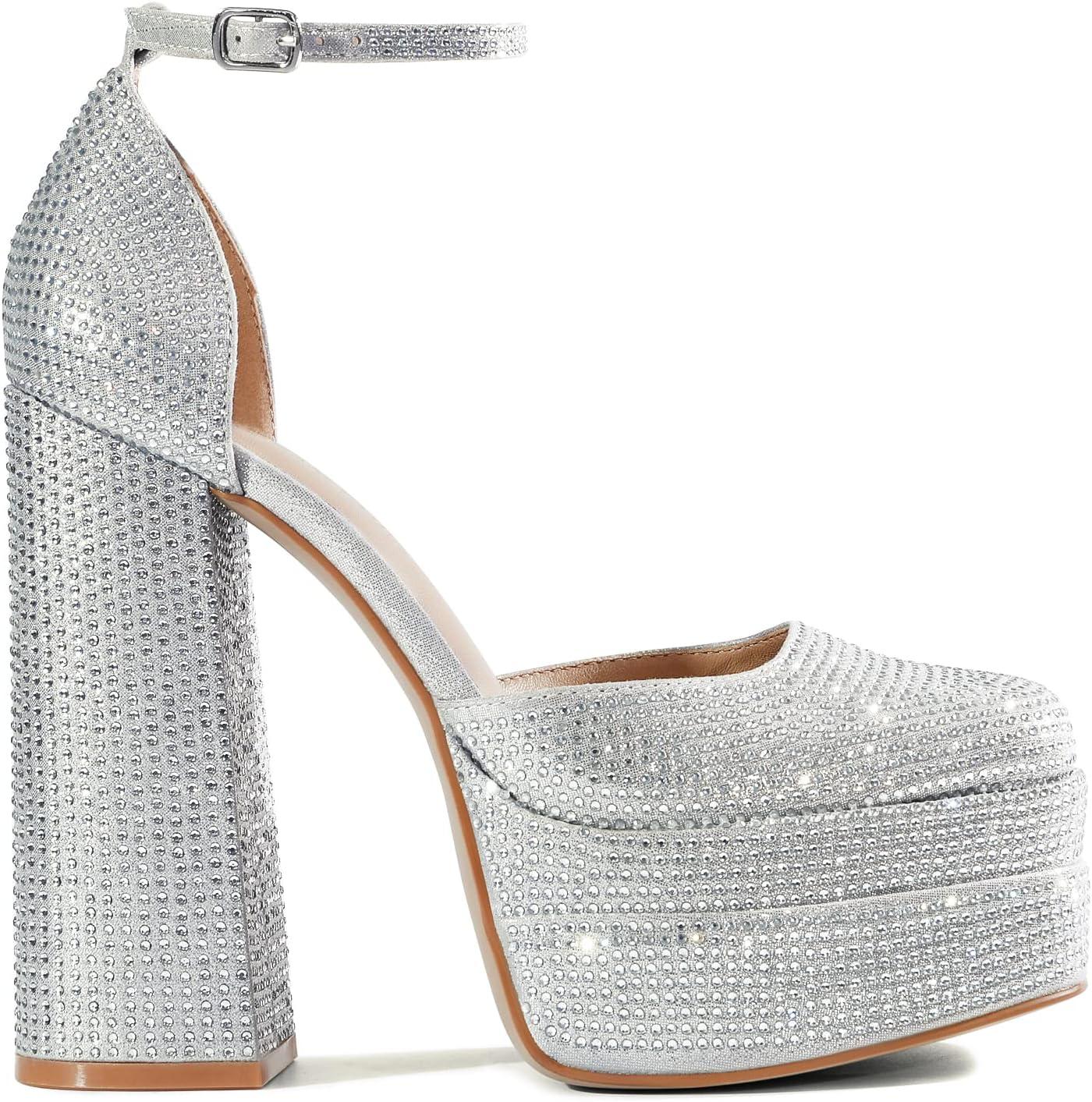 imageDREAM PAIRS Womens High Chunky Platform Closed Toe Block Heels Square Toe Ankle Strap Dress Wedding Party Pumps Shoes AureliaSilverrhinestone