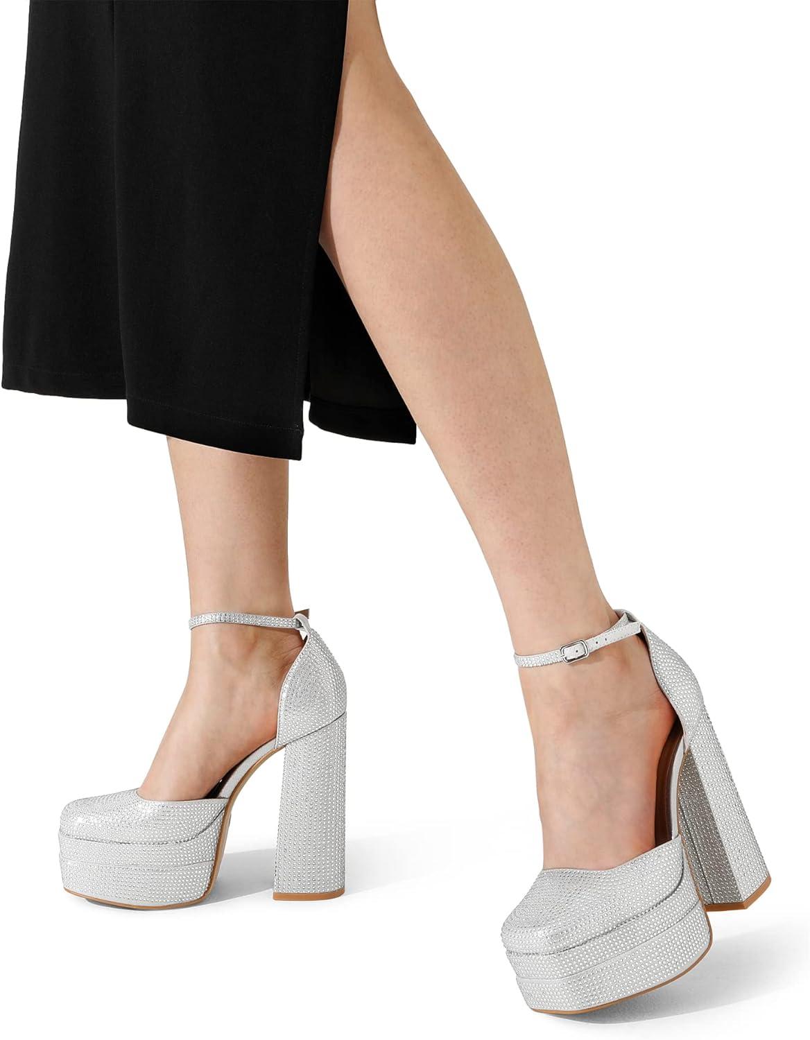 imageDREAM PAIRS Womens High Chunky Platform Closed Toe Block Heels Square Toe Ankle Strap Dress Wedding Party Pumps Shoes AureliaSilverrhinestone