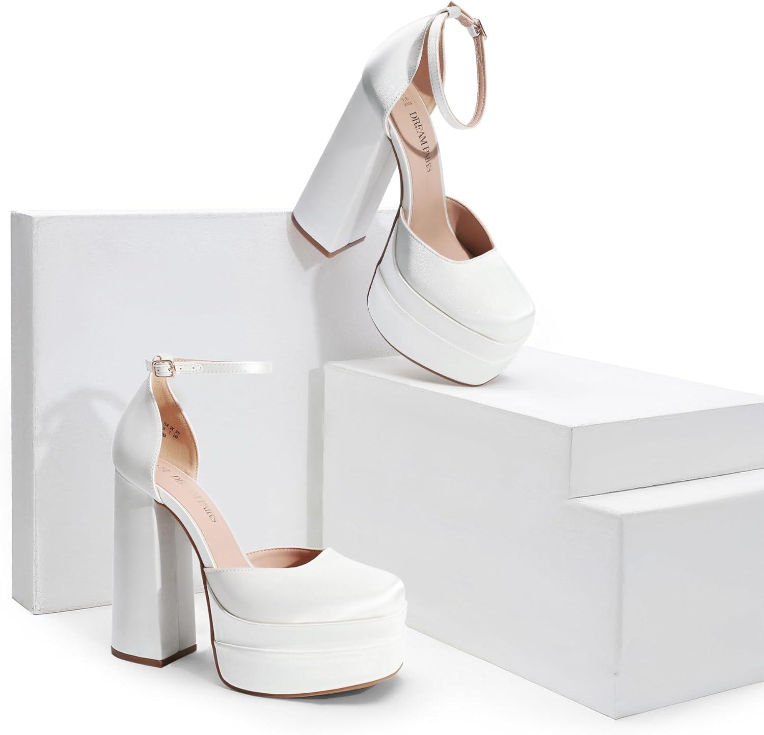 imageDREAM PAIRS Womens High Chunky Platform Closed Toe Block Heels Square Toe Ankle Strap Dress Wedding Party Pumps Shoes AureliaWhitesatin