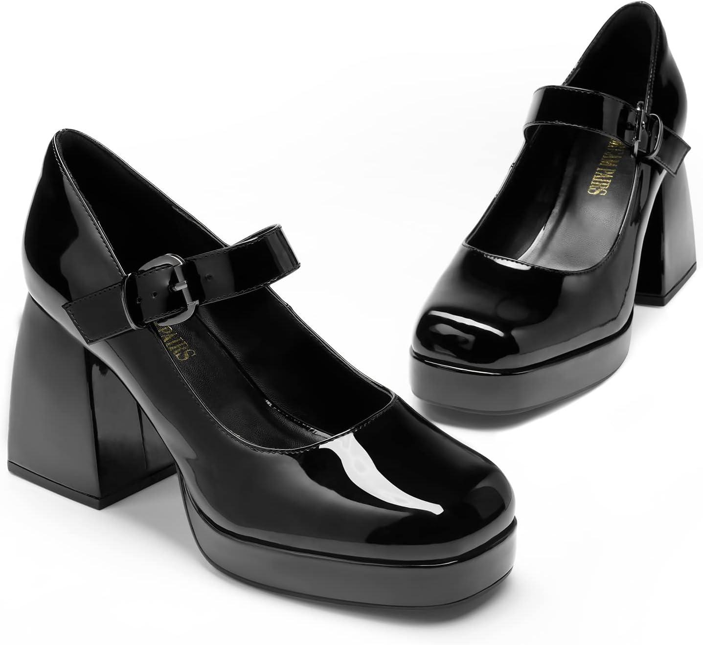imageDREAM PAIRS Womens High Chunky Platform Closed Toe Mary Jane Block Heels Square Toe Strappy Dress Wedding Party Pumps ShoesBlackpat