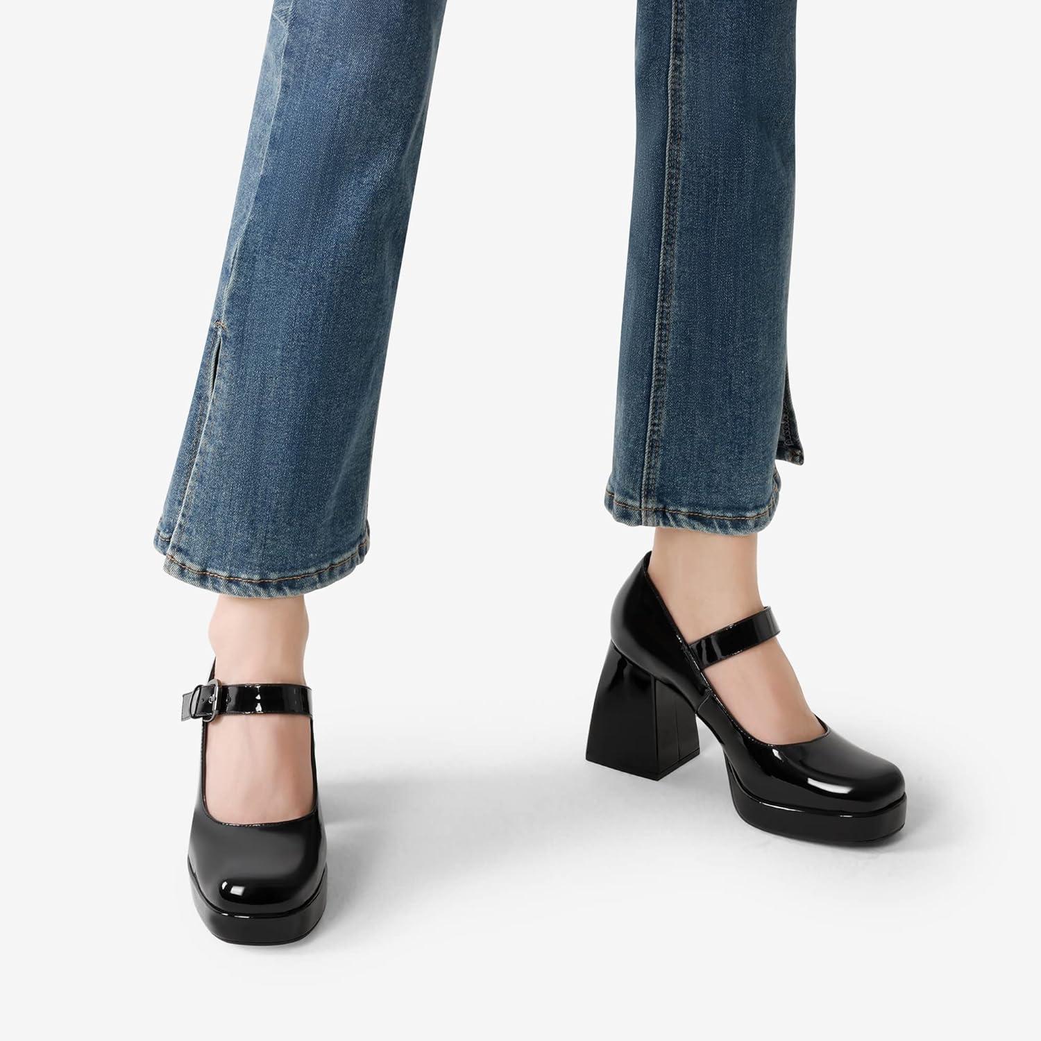 imageDREAM PAIRS Womens High Chunky Platform Closed Toe Mary Jane Block Heels Square Toe Strappy Dress Wedding Party Pumps ShoesBlackpat