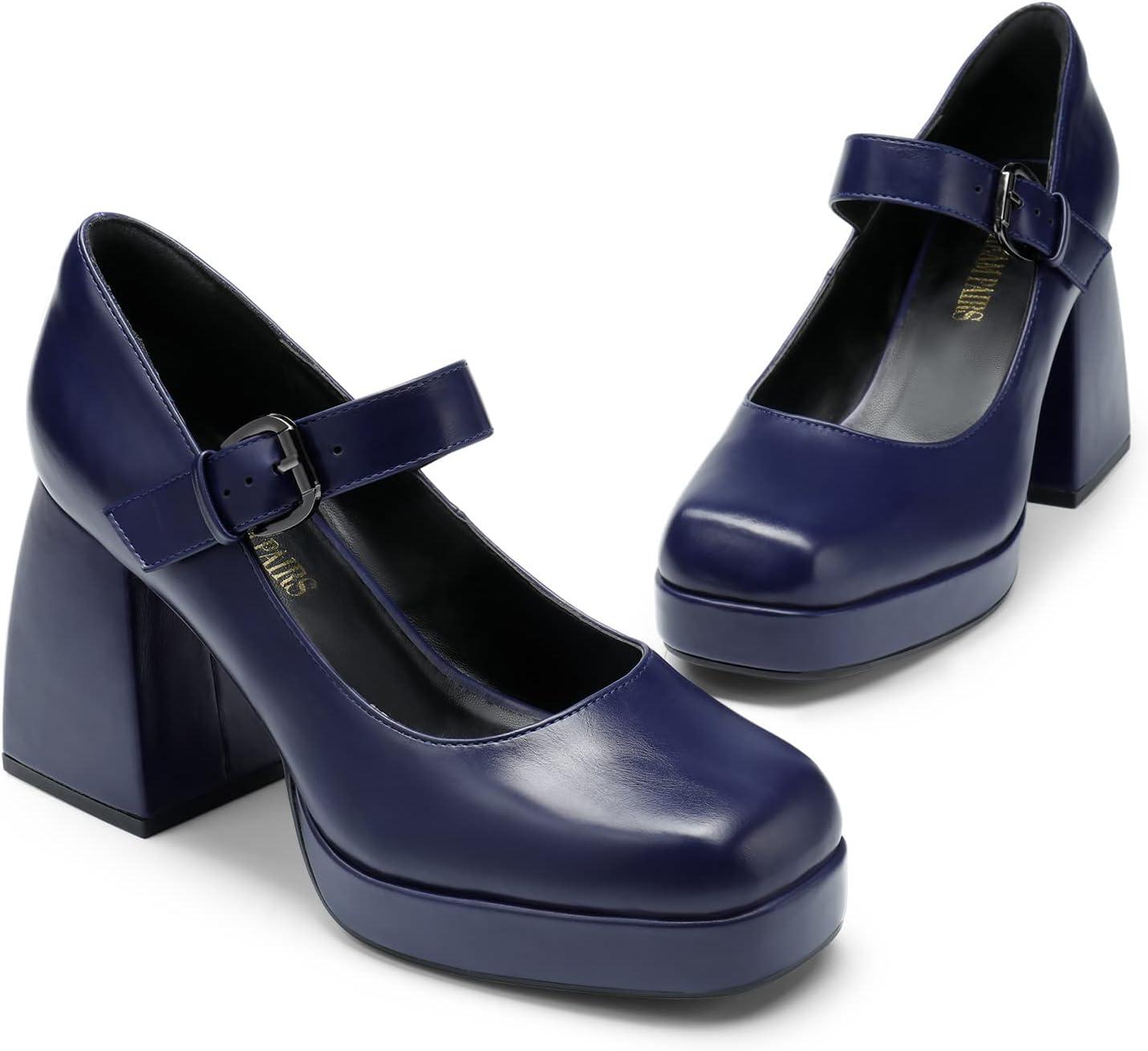 imageDREAM PAIRS Womens High Chunky Platform Closed Toe Mary Jane Block Heels Square Toe Strappy Dress Wedding Party Pumps ShoesNavypu
