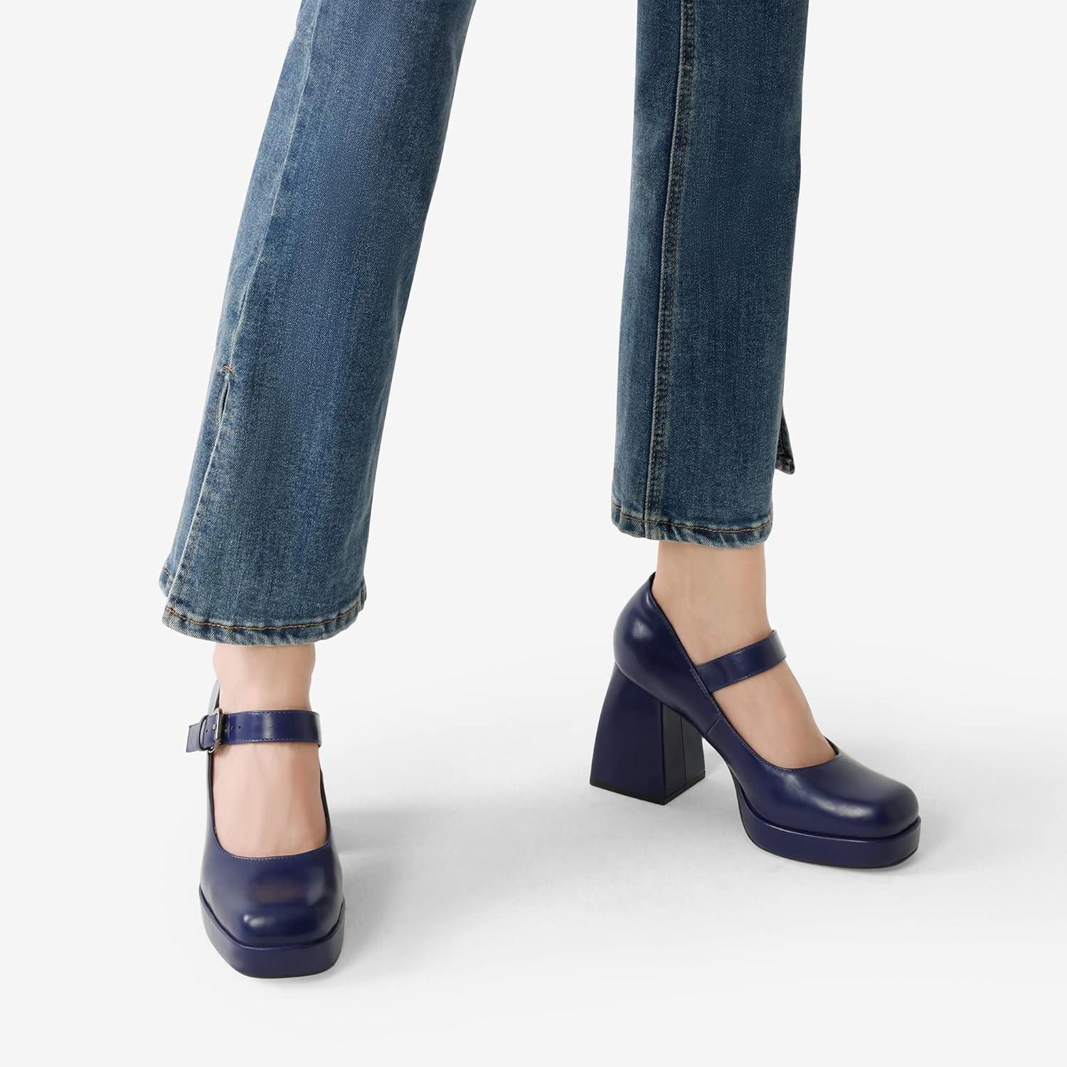 imageDREAM PAIRS Womens High Chunky Platform Closed Toe Mary Jane Block Heels Square Toe Strappy Dress Wedding Party Pumps ShoesNavypu