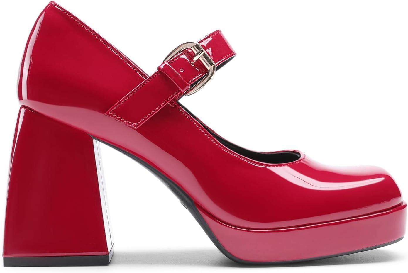 imageDREAM PAIRS Womens High Chunky Platform Closed Toe Mary Jane Block Heels Square Toe Strappy Dress Wedding Party Pumps ShoesRed