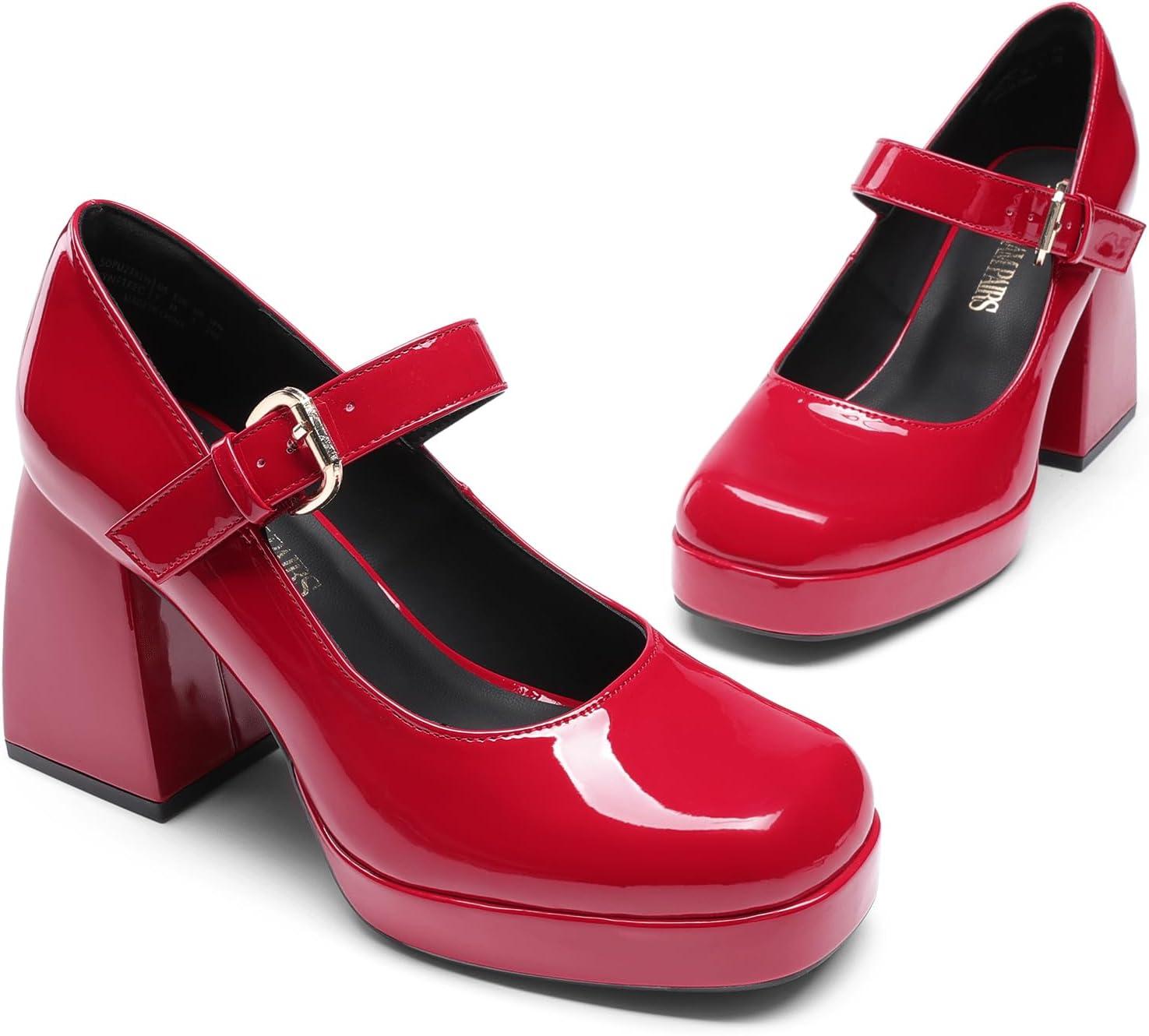 imageDREAM PAIRS Womens High Chunky Platform Closed Toe Mary Jane Block Heels Square Toe Strappy Dress Wedding Party Pumps ShoesRed