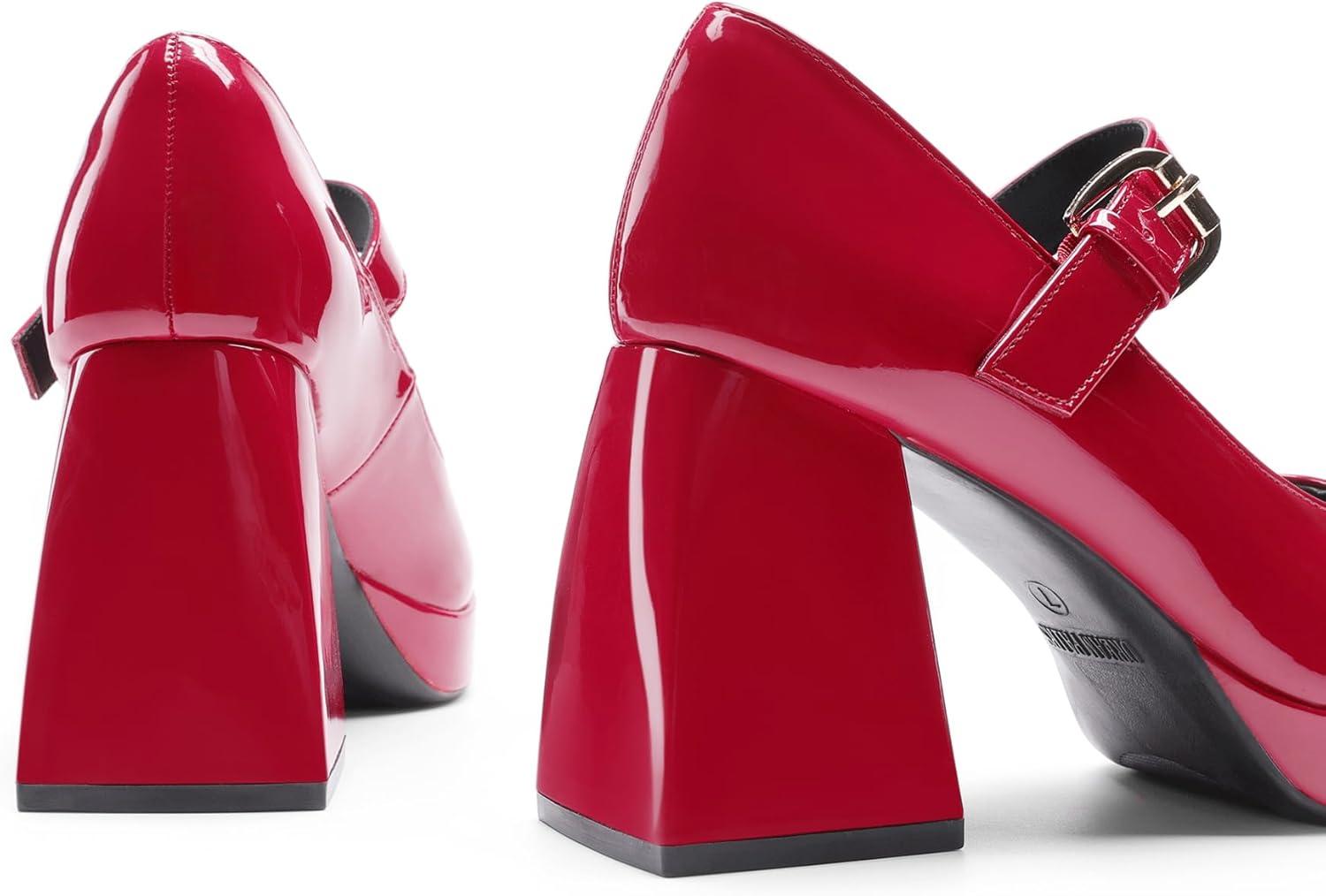 imageDREAM PAIRS Womens High Chunky Platform Closed Toe Mary Jane Block Heels Square Toe Strappy Dress Wedding Party Pumps ShoesRed