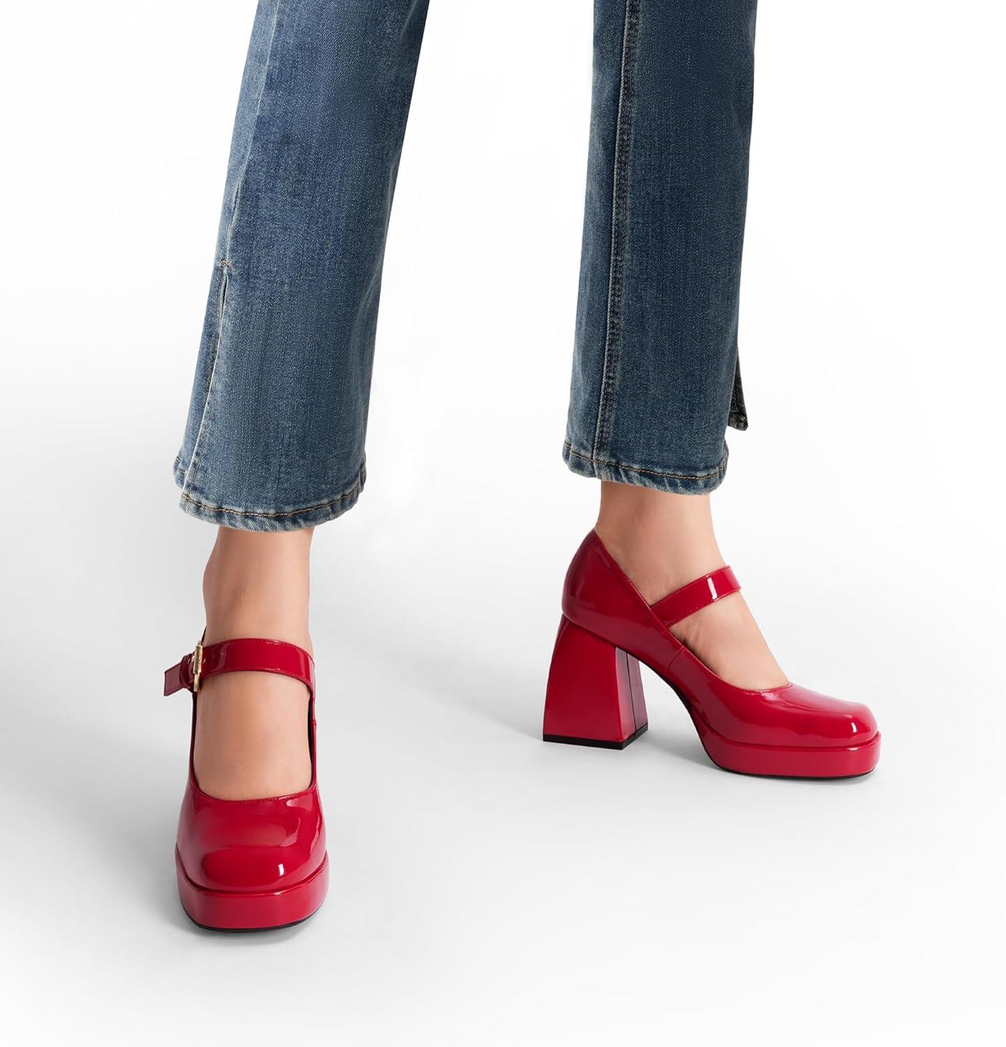 imageDREAM PAIRS Womens High Chunky Platform Closed Toe Mary Jane Block Heels Square Toe Strappy Dress Wedding Party Pumps ShoesRed