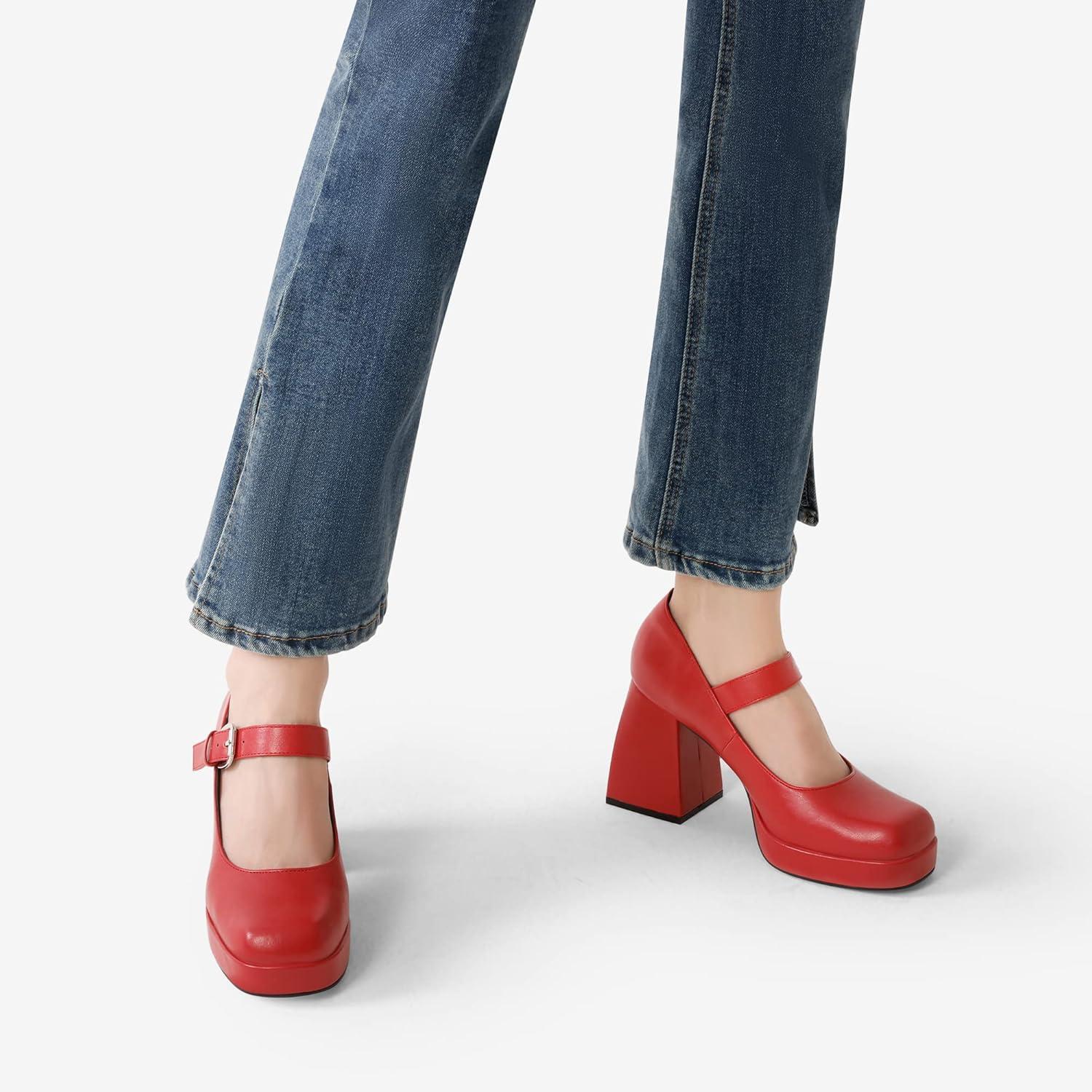 imageDREAM PAIRS Womens High Chunky Platform Closed Toe Mary Jane Block Heels Square Toe Strappy Dress Wedding Party Pumps ShoesRedpu