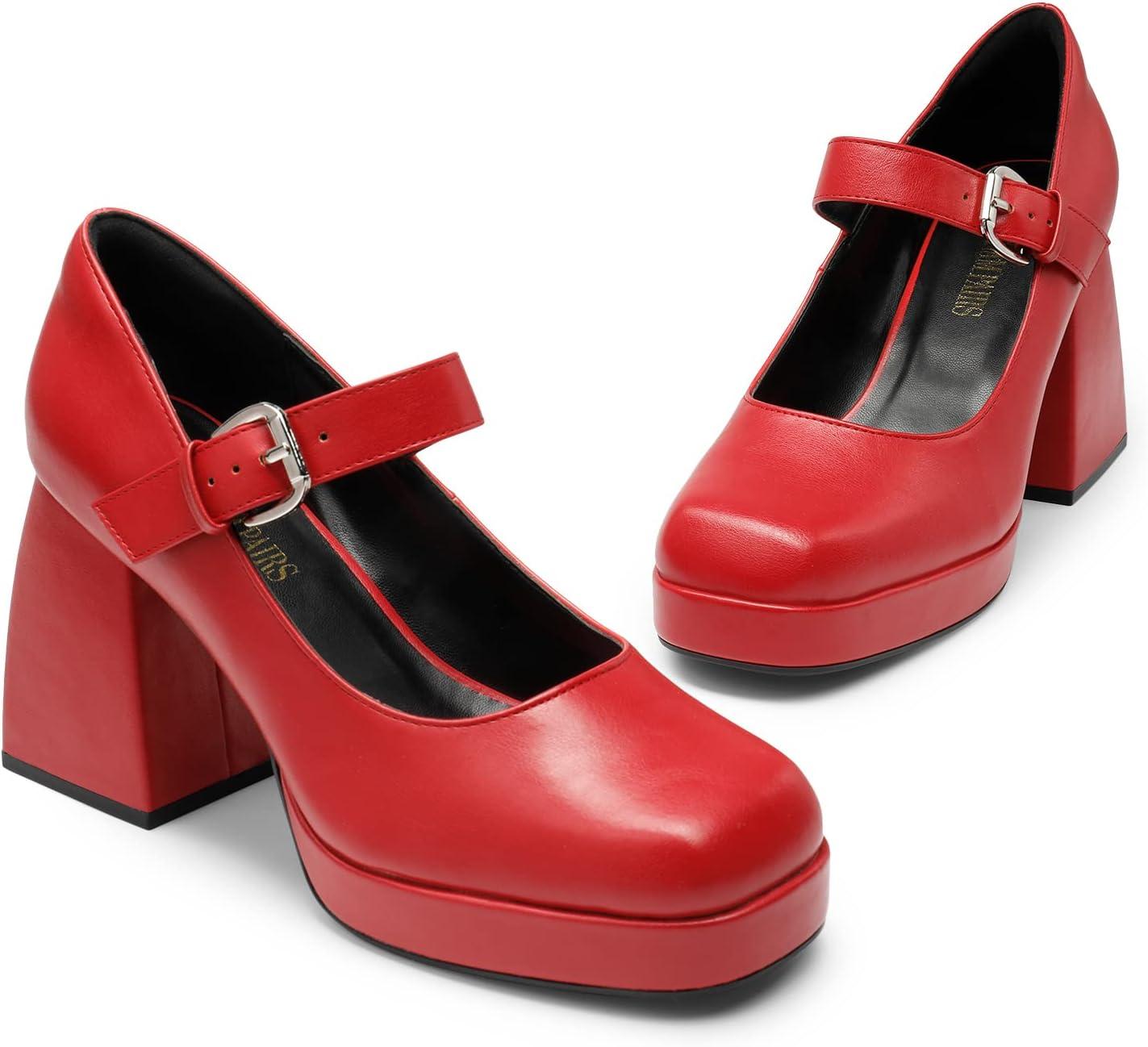 imageDREAM PAIRS Womens High Chunky Platform Closed Toe Mary Jane Block Heels Square Toe Strappy Dress Wedding Party Pumps ShoesRedpu