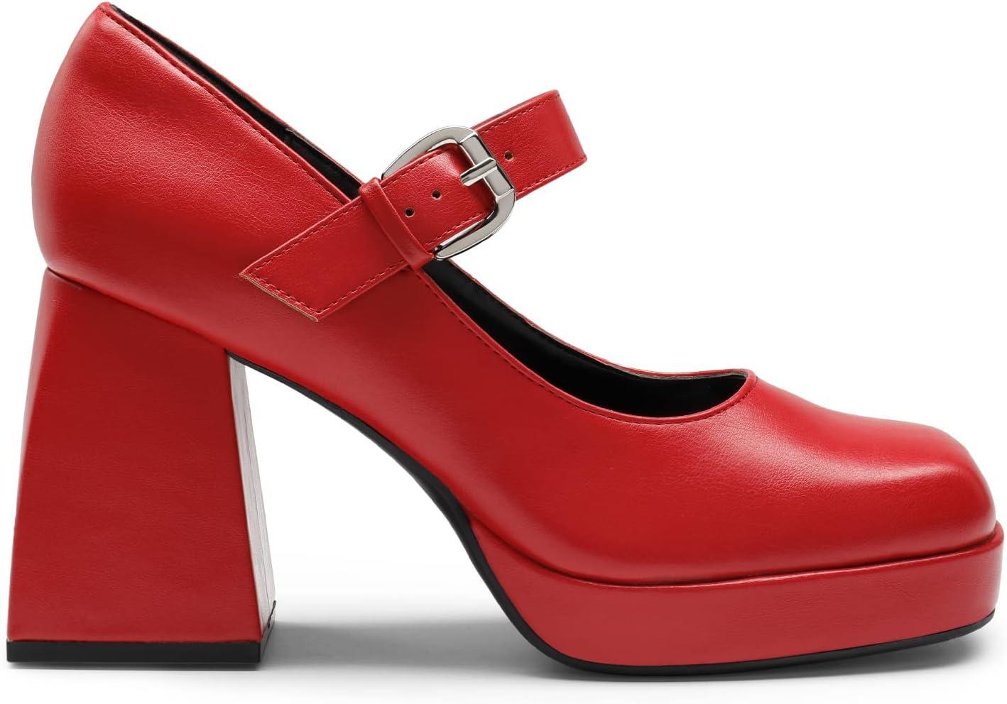 imageDREAM PAIRS Womens High Chunky Platform Closed Toe Mary Jane Block Heels Square Toe Strappy Dress Wedding Party Pumps ShoesRedpu