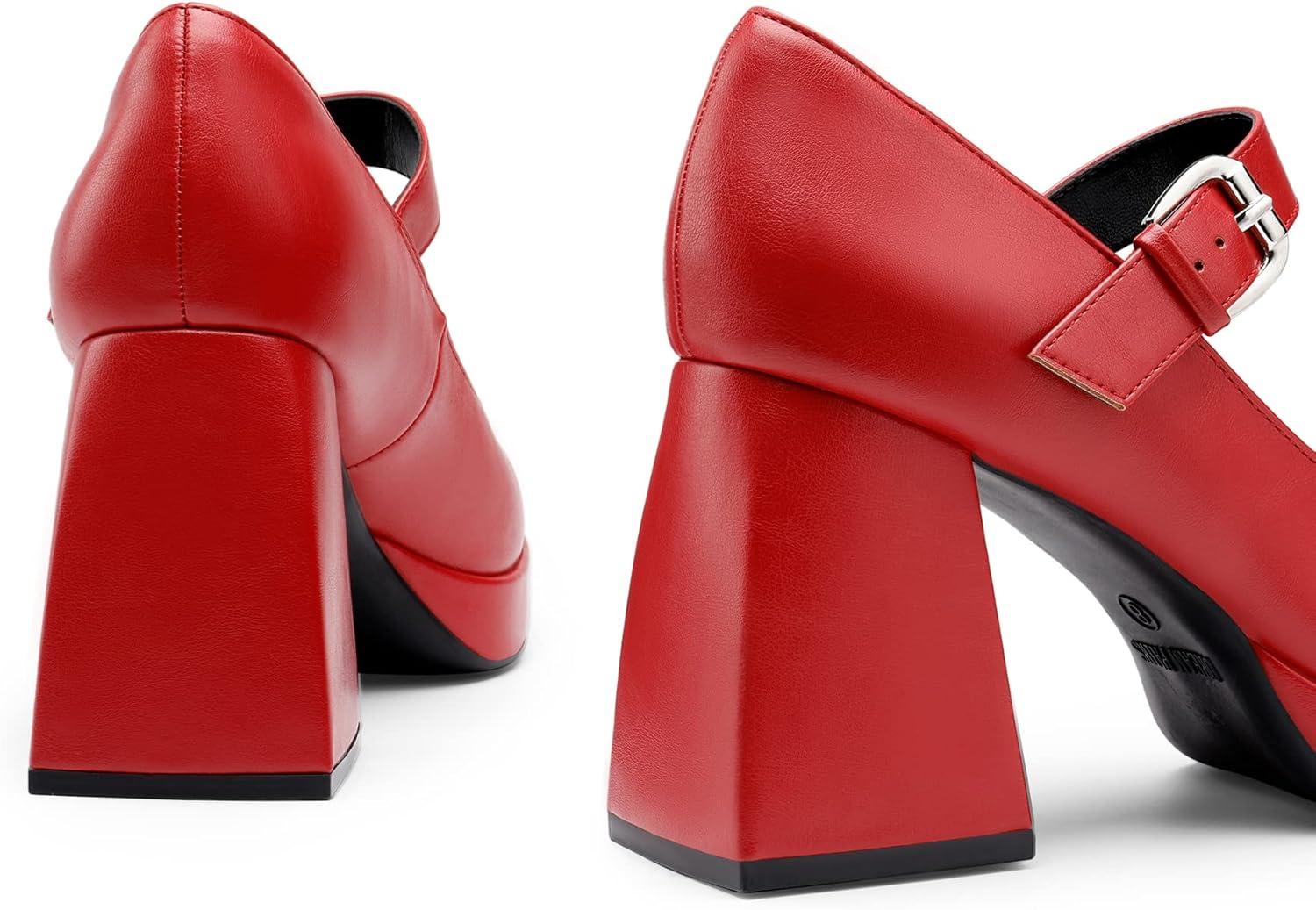 imageDREAM PAIRS Womens High Chunky Platform Closed Toe Mary Jane Block Heels Square Toe Strappy Dress Wedding Party Pumps ShoesRedpu