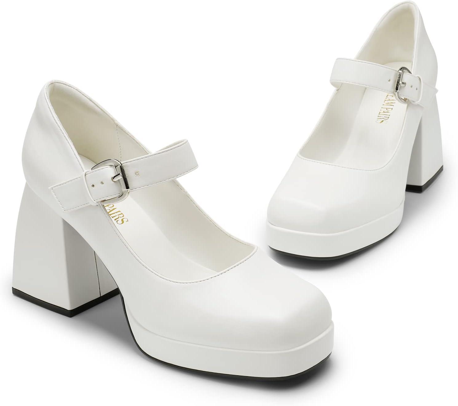 imageDREAM PAIRS Womens High Chunky Platform Closed Toe Mary Jane Block Heels Square Toe Strappy Dress Wedding Party Pumps ShoesWhitepu