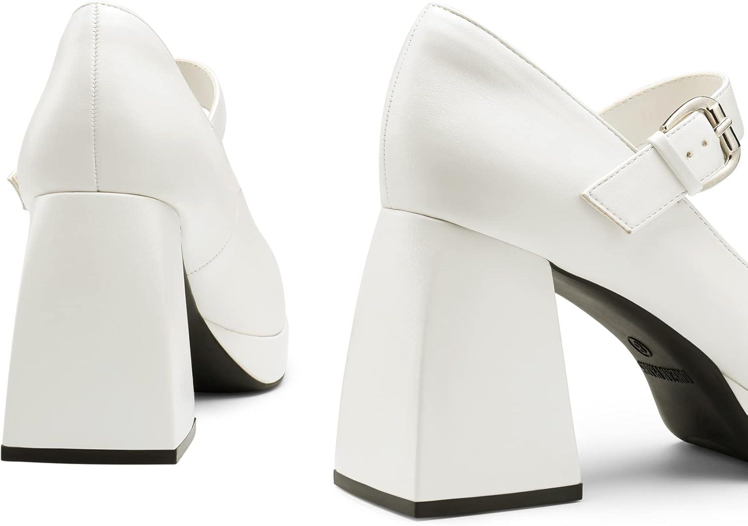 imageDREAM PAIRS Womens High Chunky Platform Closed Toe Mary Jane Block Heels Square Toe Strappy Dress Wedding Party Pumps ShoesWhitepu