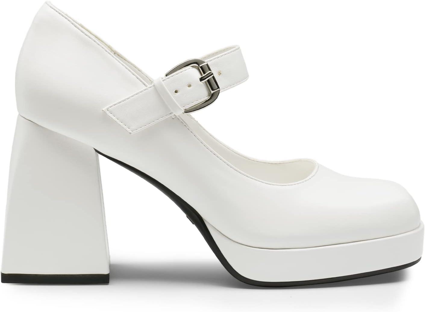 imageDREAM PAIRS Womens High Chunky Platform Closed Toe Mary Jane Block Heels Square Toe Strappy Dress Wedding Party Pumps ShoesWhitepu