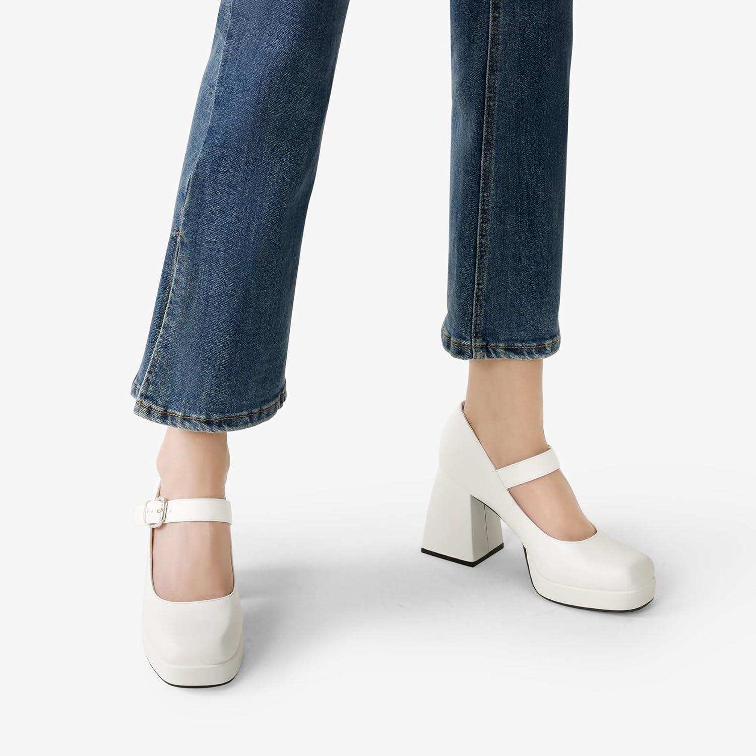 imageDREAM PAIRS Womens High Chunky Platform Closed Toe Mary Jane Block Heels Square Toe Strappy Dress Wedding Party Pumps ShoesWhitepu