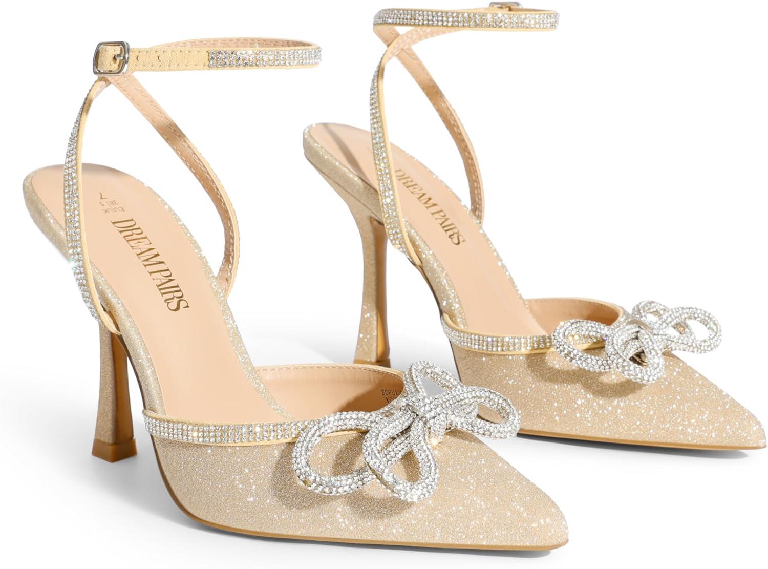 imageDREAM PAIRS Womens High Heels Destiny Closed Toe Strappy Heels Sexy Rhinestone Ankle Strap Pumps Wedding Bridal Party Dress Shoes DestinyGold