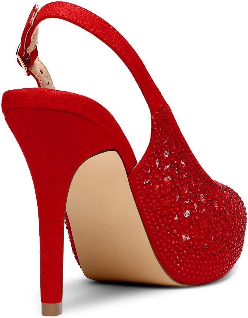 imageDREAM PAIRS Womens High Heels Platform Dress Rhinestones Peep Toe Pumps ShoesRedSuede