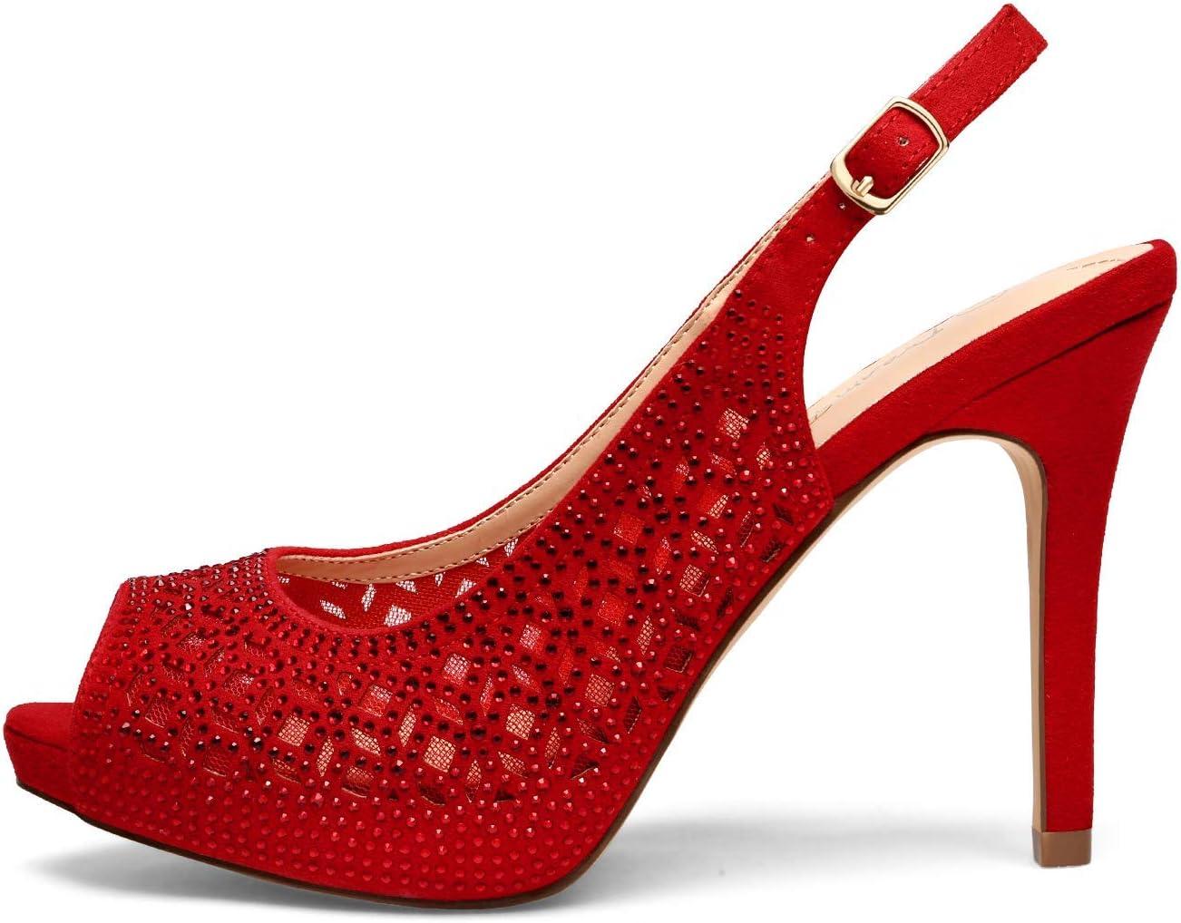 imageDREAM PAIRS Womens High Heels Platform Dress Rhinestones Peep Toe Pumps ShoesRedSuede