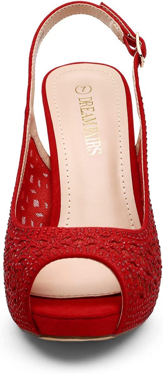 imageDREAM PAIRS Womens High Heels Platform Dress Rhinestones Peep Toe Pumps ShoesRedSuede