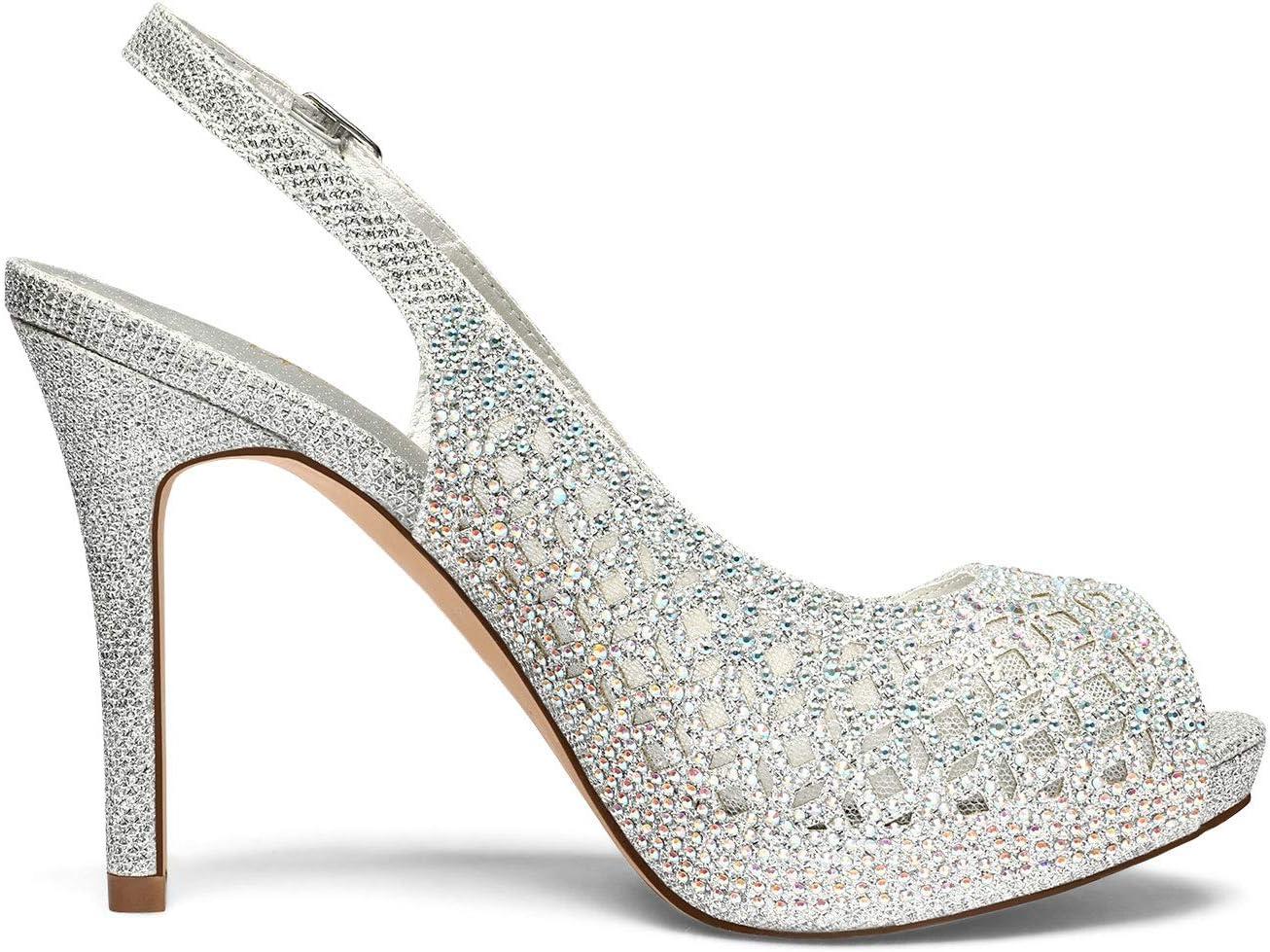 imageDREAM PAIRS Womens High Heels Platform Dress Rhinestones Peep Toe Pumps ShoesSilverGlitter