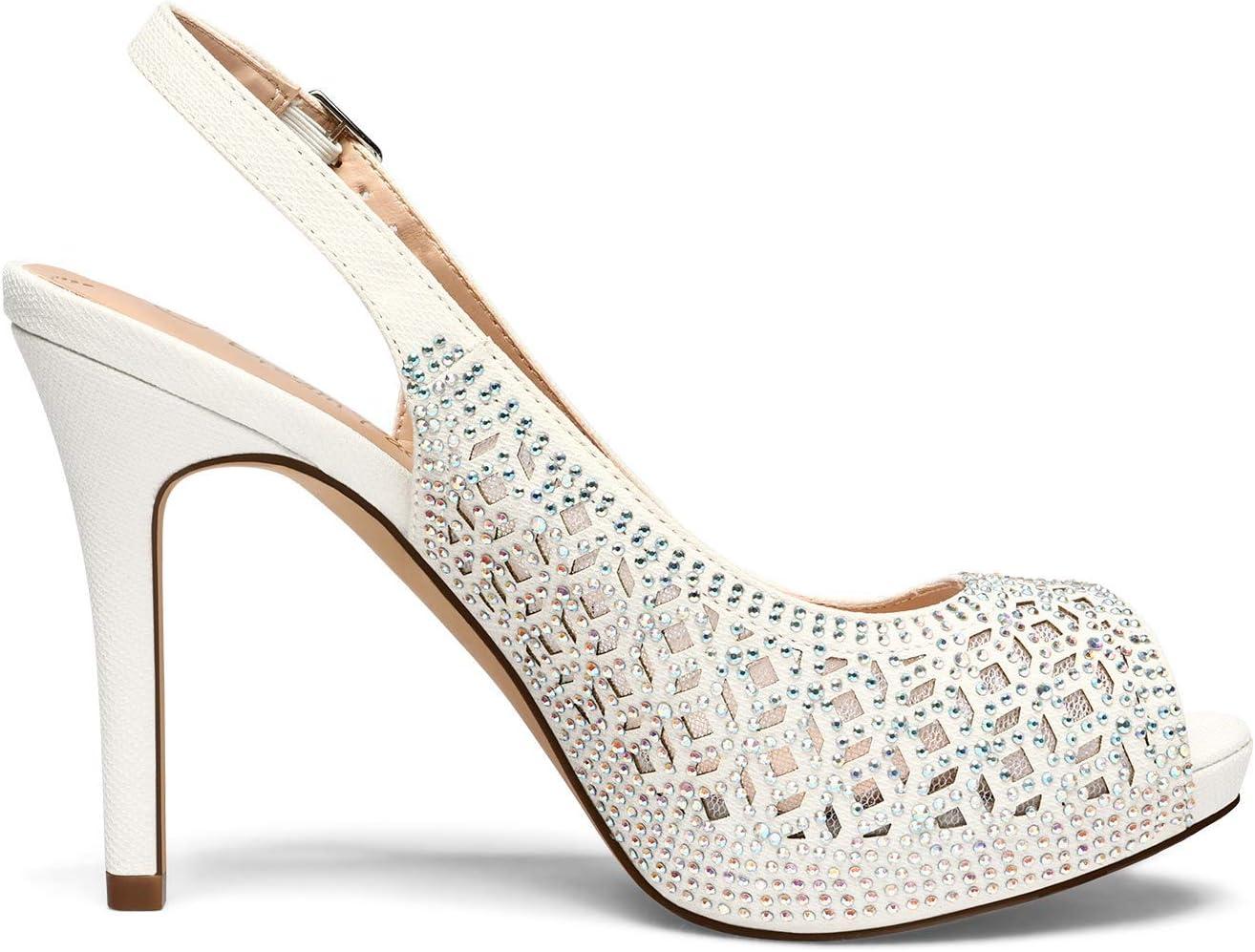 imageDREAM PAIRS Womens High Heels Platform Dress Rhinestones Peep Toe Pumps ShoesWhiteGlitter