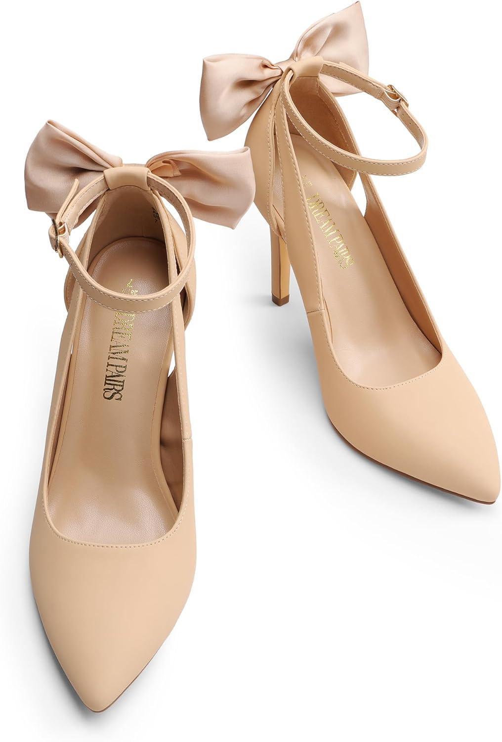 imageDREAM PAIRS Womens High Heels Stiletto Strappy Pointed Toe Bow Dress Shoes Sexy Party Wedding PumpsNudenubuck