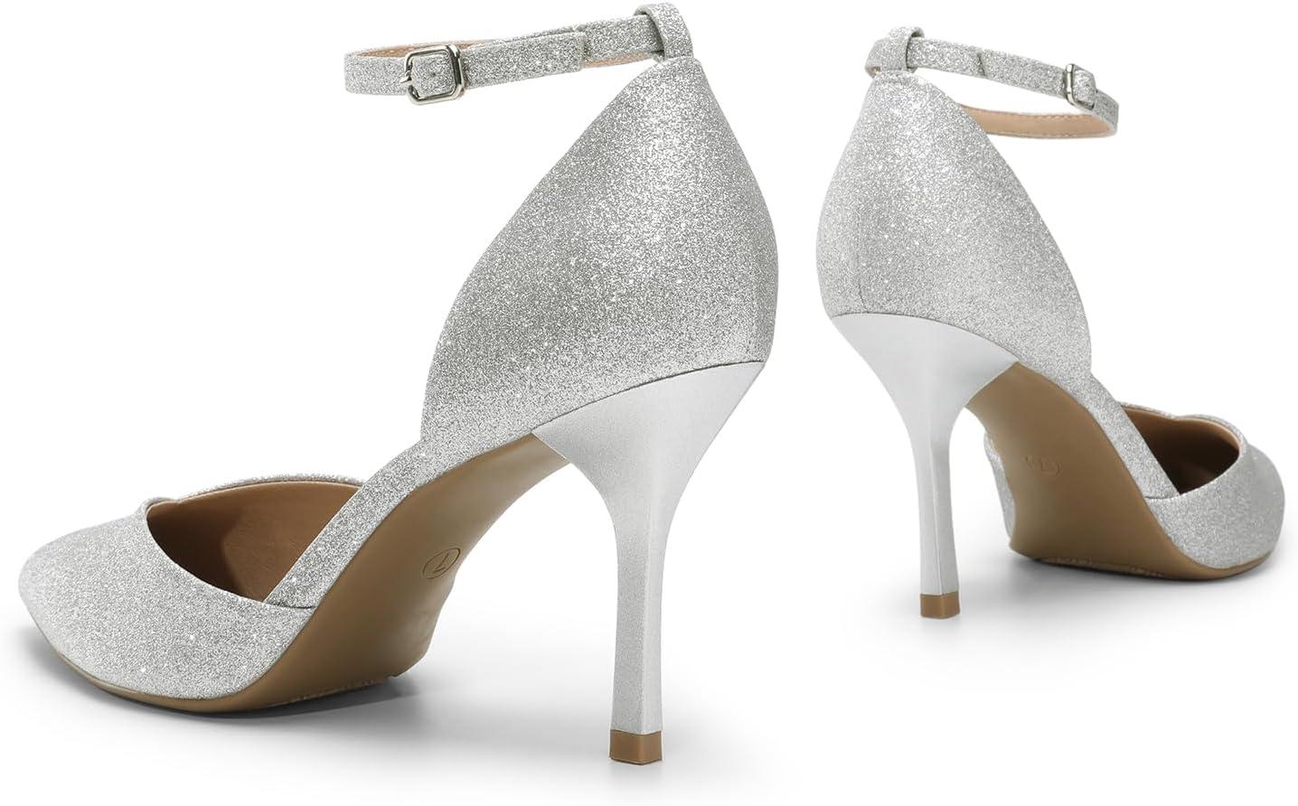 imageDREAM PAIRS Womens High Heels Strappy Closed Toe Stiletto Ankle Strap Pointed Toe DOrsay Heel Dress Wedding Party Pumps ShoesSilverglitter
