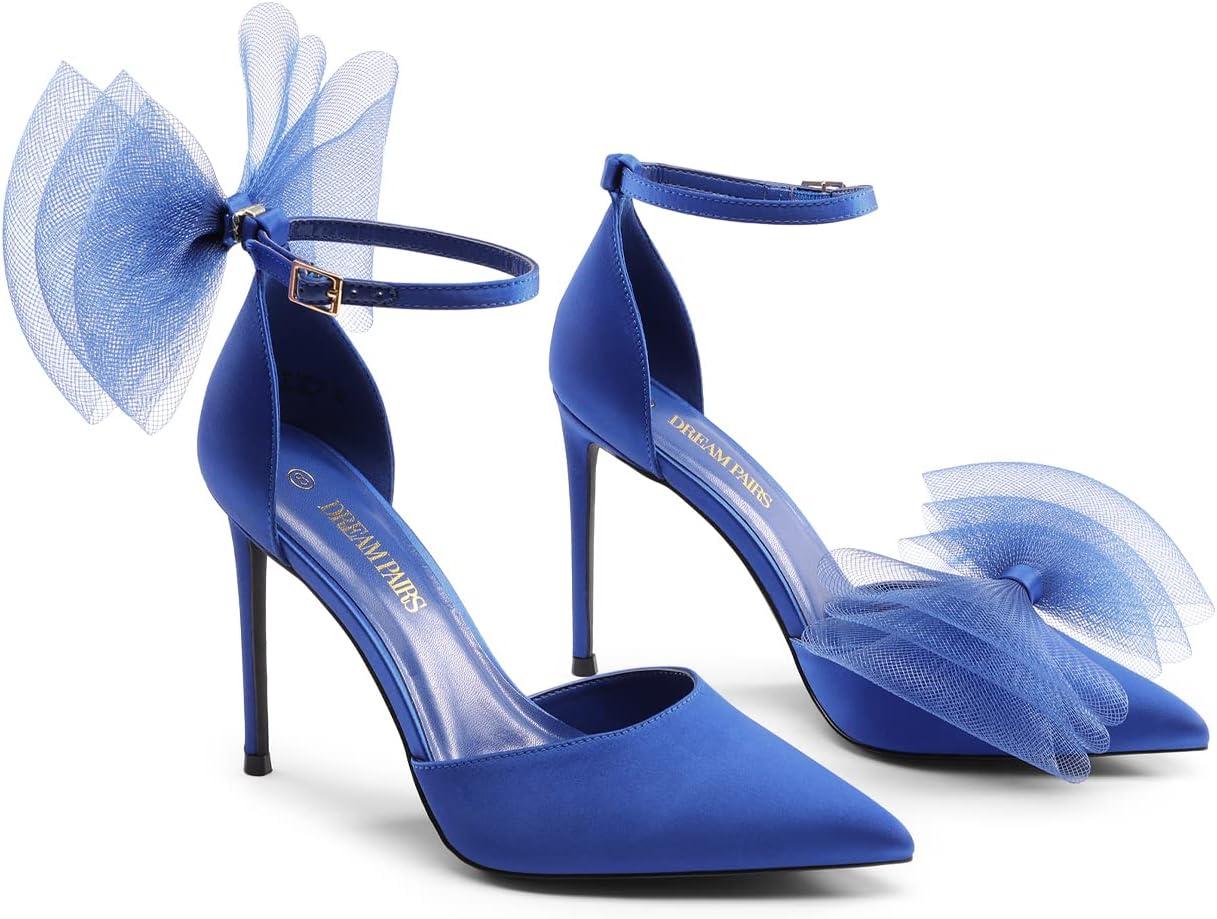 imageDREAM PAIRS Womens High Heels Strappy Closed Toe Stiletto Pointed Toe Mesh Bows Ankle Strap DOrsay Sexy Dress Wedding Party Pumps ShoesBlue