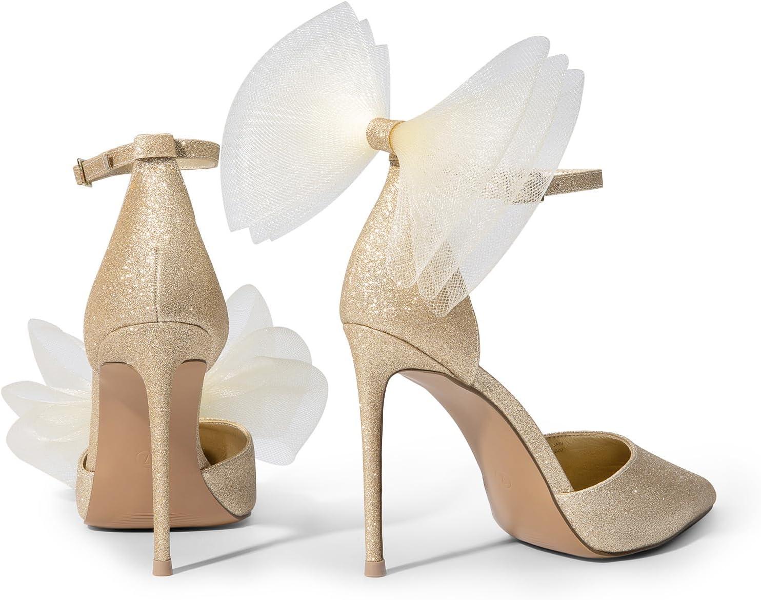 imageDREAM PAIRS Womens High Heels Strappy Closed Toe Stiletto Pointed Toe Mesh Bows Ankle Strap DOrsay Sexy Dress Wedding Party Pumps ShoesGoldglitter