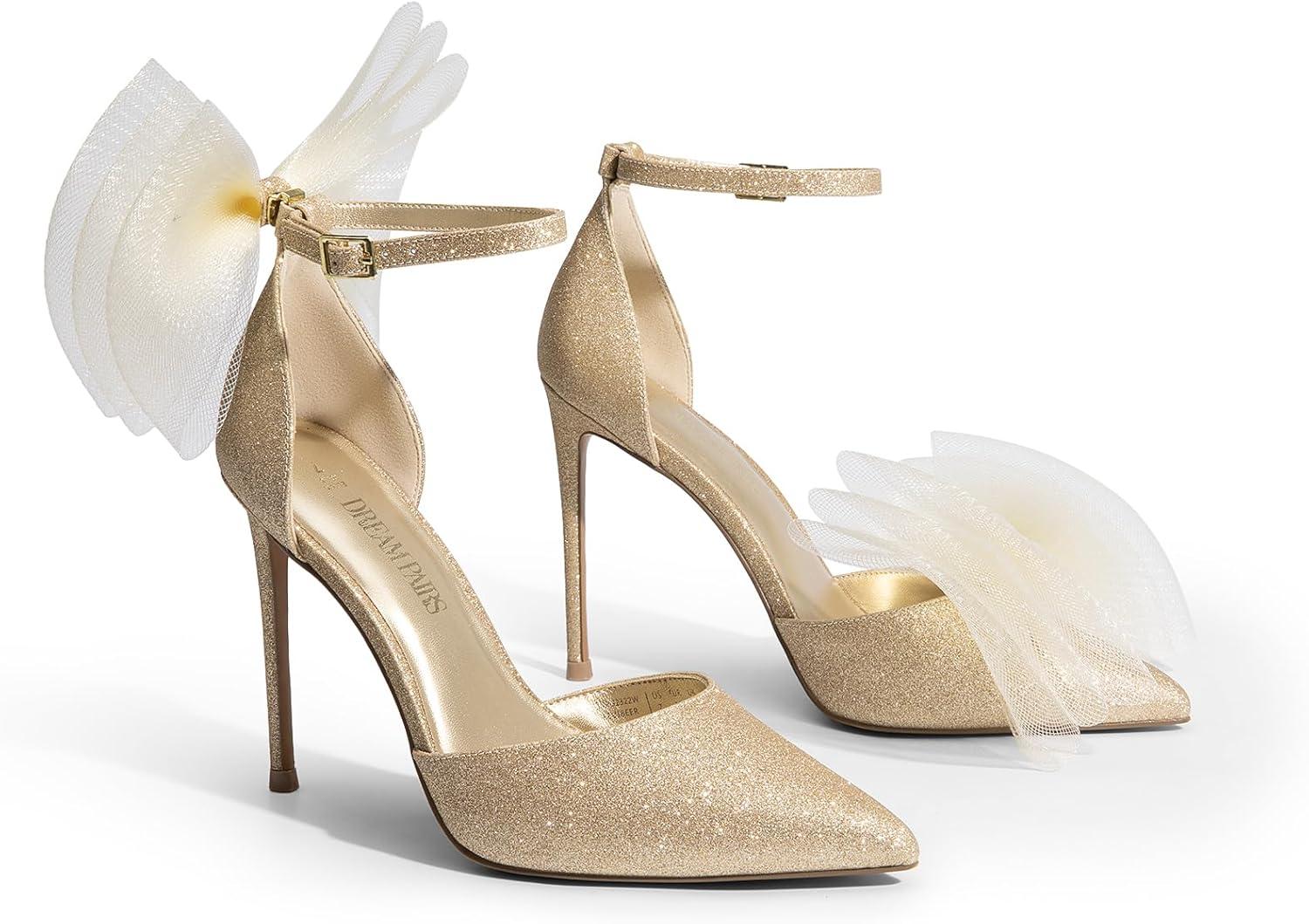 imageDREAM PAIRS Womens High Heels Strappy Closed Toe Stiletto Pointed Toe Mesh Bows Ankle Strap DOrsay Sexy Dress Wedding Party Pumps ShoesGoldglitter