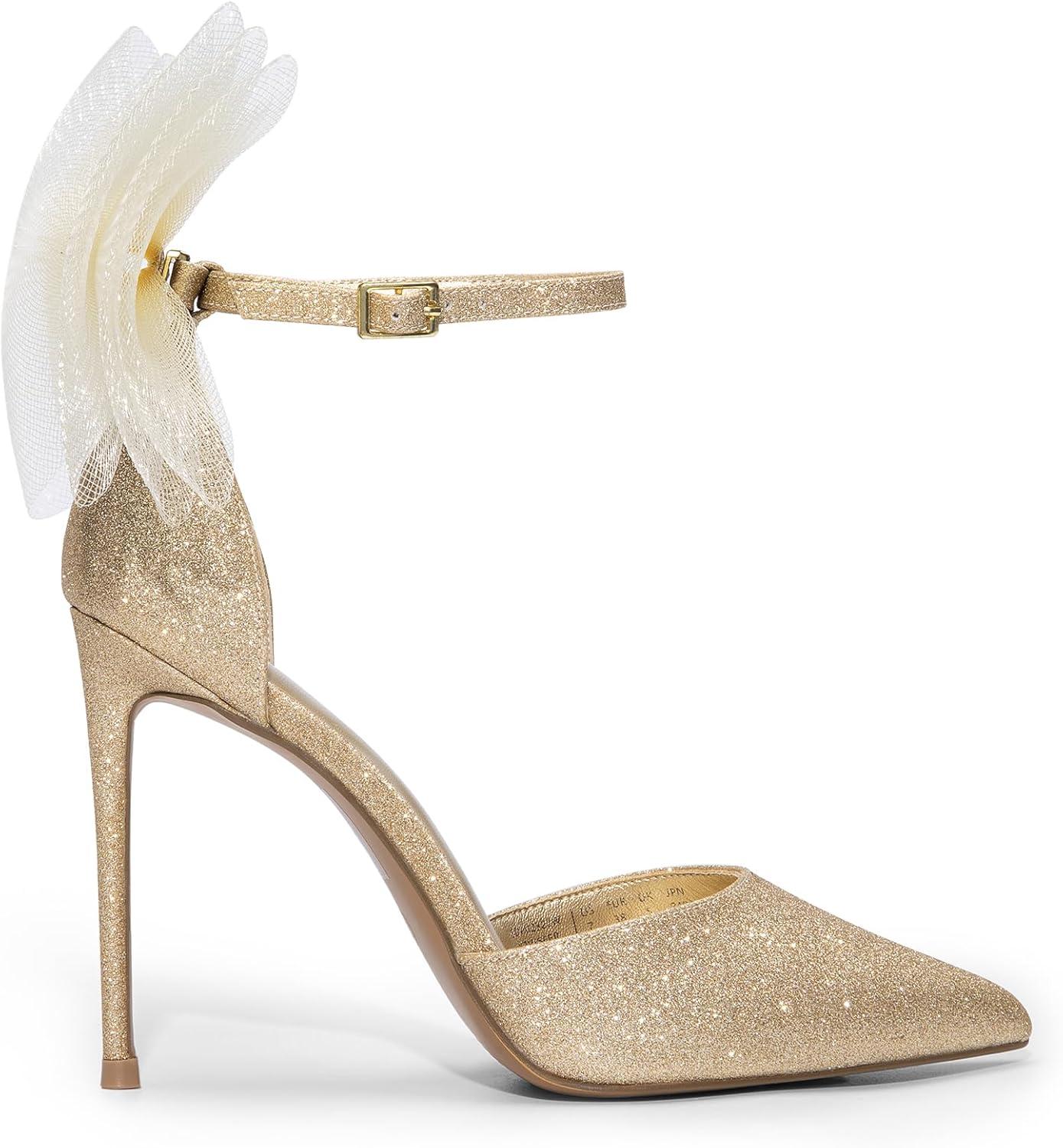 imageDREAM PAIRS Womens High Heels Strappy Closed Toe Stiletto Pointed Toe Mesh Bows Ankle Strap DOrsay Sexy Dress Wedding Party Pumps ShoesGoldglitter