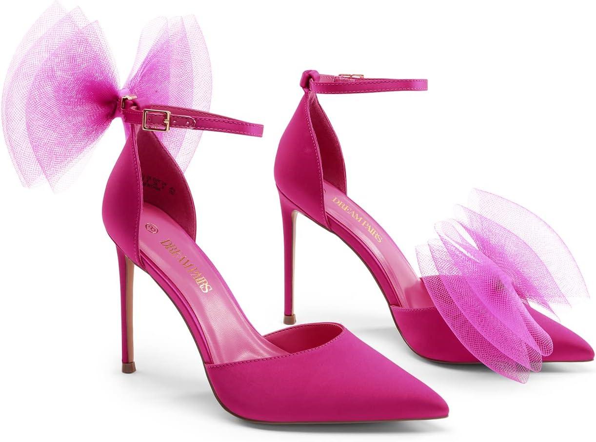 imageDREAM PAIRS Womens High Heels Strappy Closed Toe Stiletto Pointed Toe Mesh Bows Ankle Strap DOrsay Sexy Dress Wedding Party Pumps ShoesHot Pink