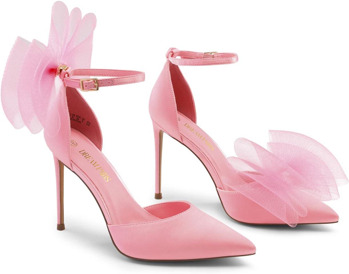 imageDREAM PAIRS Womens High Heels Strappy Closed Toe Stiletto Pointed Toe Mesh Bows Ankle Strap DOrsay Sexy Dress Wedding Party Pumps ShoesPink