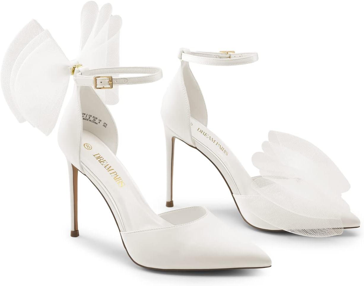 imageDREAM PAIRS Womens High Heels Strappy Closed Toe Stiletto Pointed Toe Mesh Bows Ankle Strap DOrsay Sexy Dress Wedding Party Pumps ShoesWhite