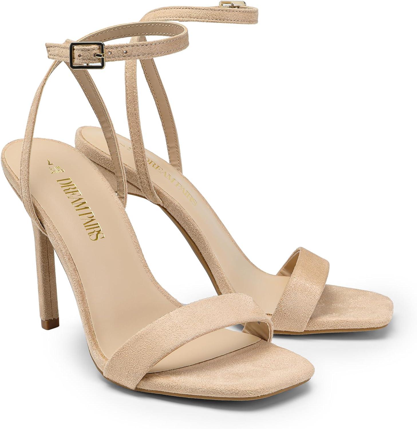 imageDREAM PAIRS Womens High Stilettos Open Square Toe Ankle Strap Heels Sexy Comfort Strappy Dress Shoes Wedding Bridal Pumps SandalsNudesuede