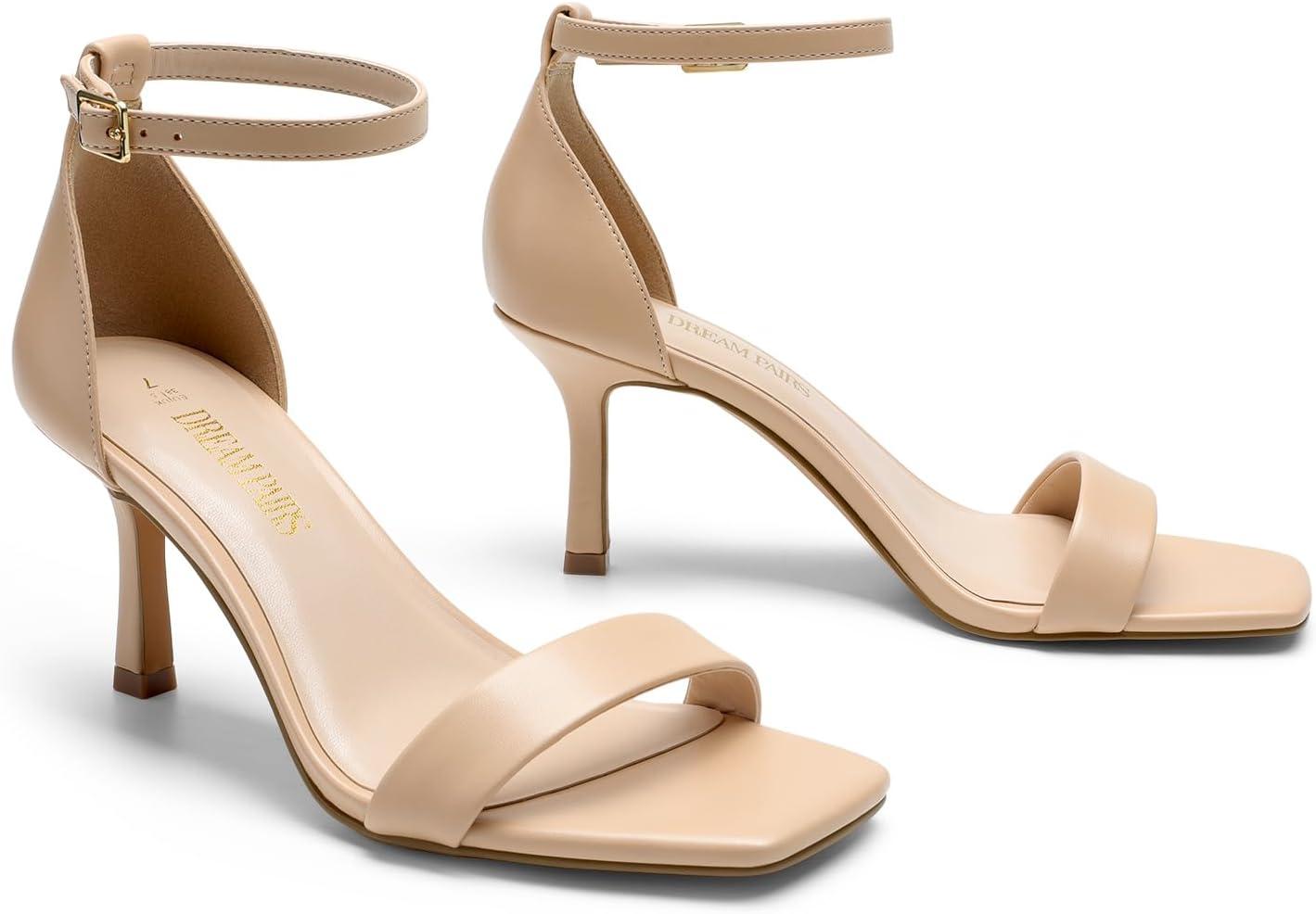 imageDREAM PAIRS Womens High Stilettos Open Square Toe Ankle Strap Heels Sexy Fashion Comfort Dress Shoes Wedding Bridal Pumps Heeled SandalsNudepu