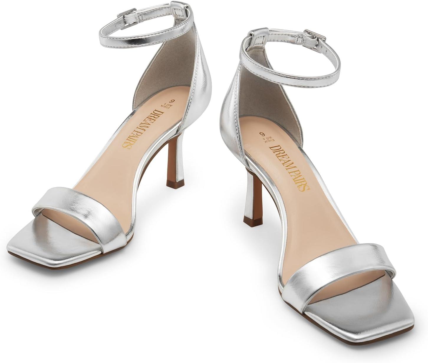 imageDREAM PAIRS Womens High Stilettos Open Square Toe Ankle Strap Heels Sexy Fashion Comfort Dress Shoes Wedding Bridal Pumps Heeled SandalsSilver