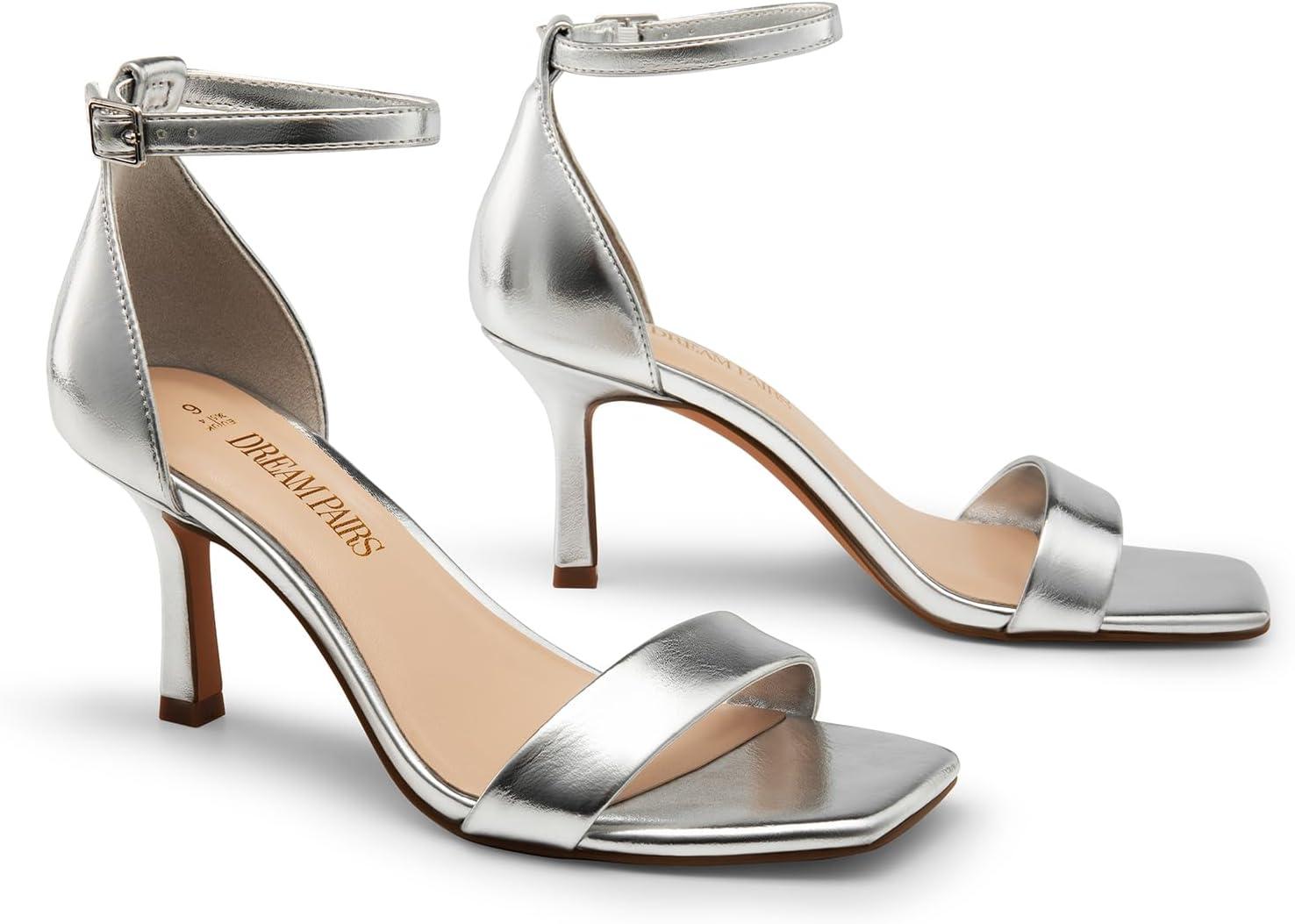 imageDREAM PAIRS Womens High Stilettos Open Square Toe Ankle Strap Heels Sexy Fashion Comfort Dress Shoes Wedding Bridal Pumps Heeled SandalsSilver